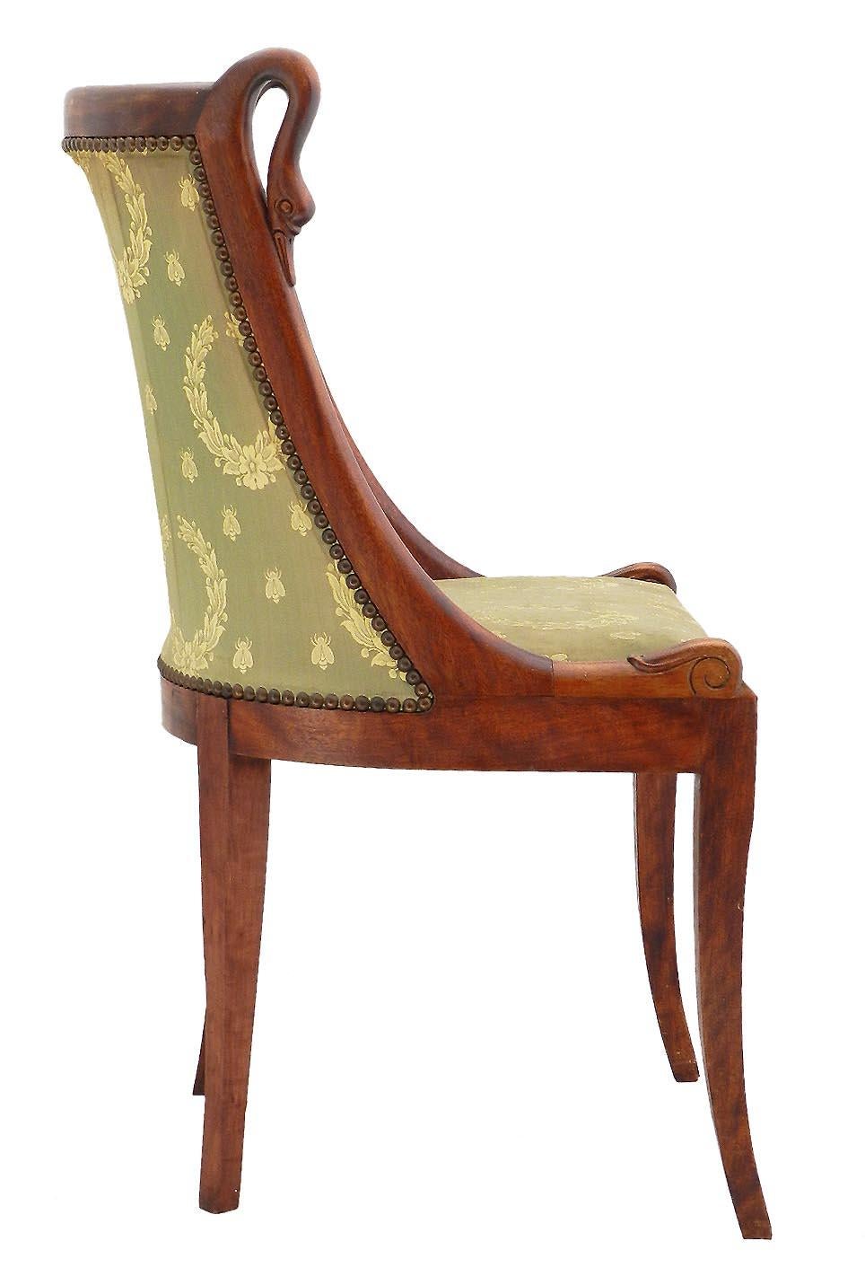Six Empire Revival dining chairs French circa 1920 to recover
Swan neck
Gondola chairs
Very handsome and hard to find
Mahogany
In good condition solid and sturdy
Original covers to be changed to suit your interior
If you would like a very