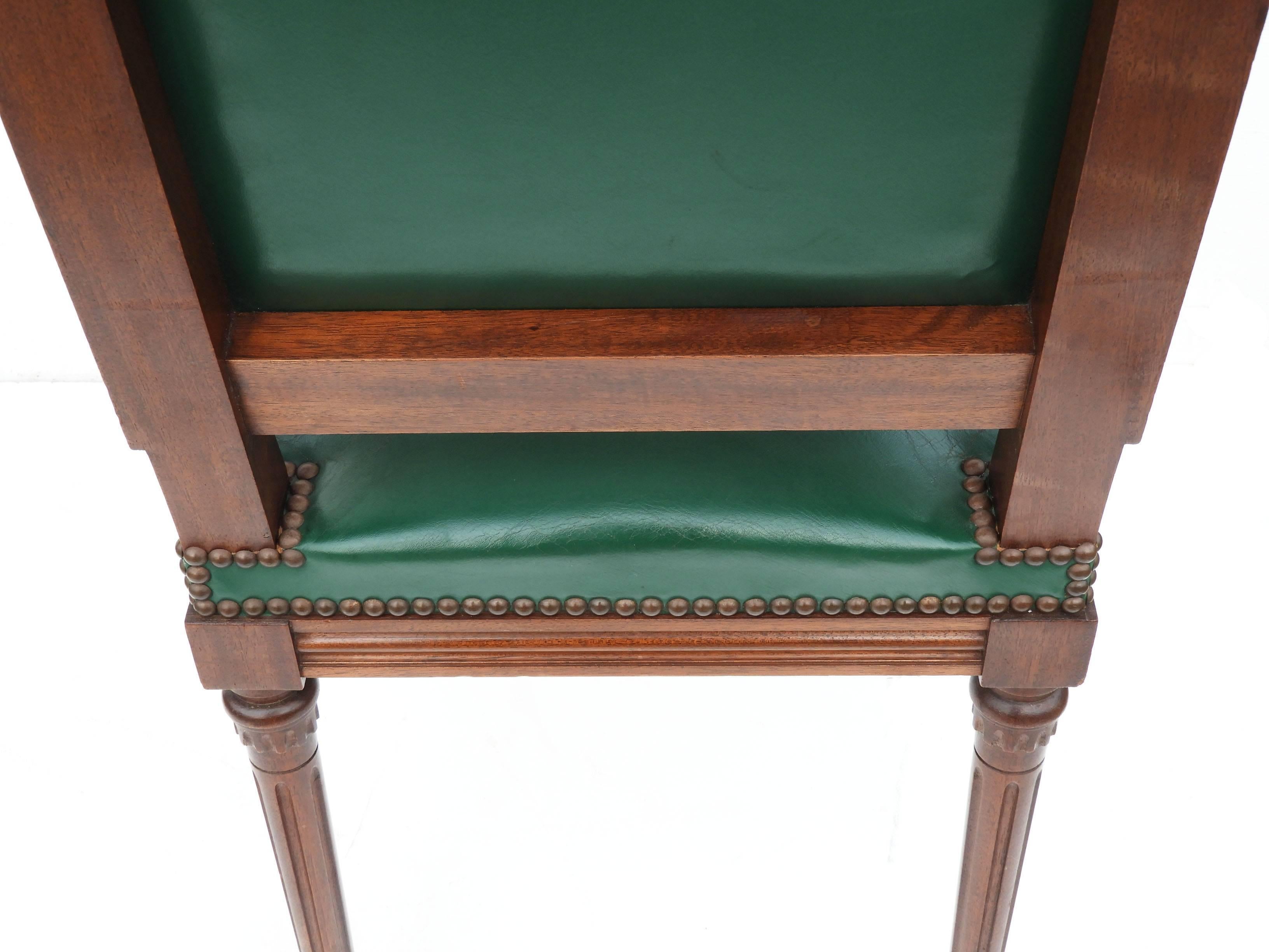 Six Dining Chairs French Louis XVI Revival Green Leather Upholstered, circa 1920 2