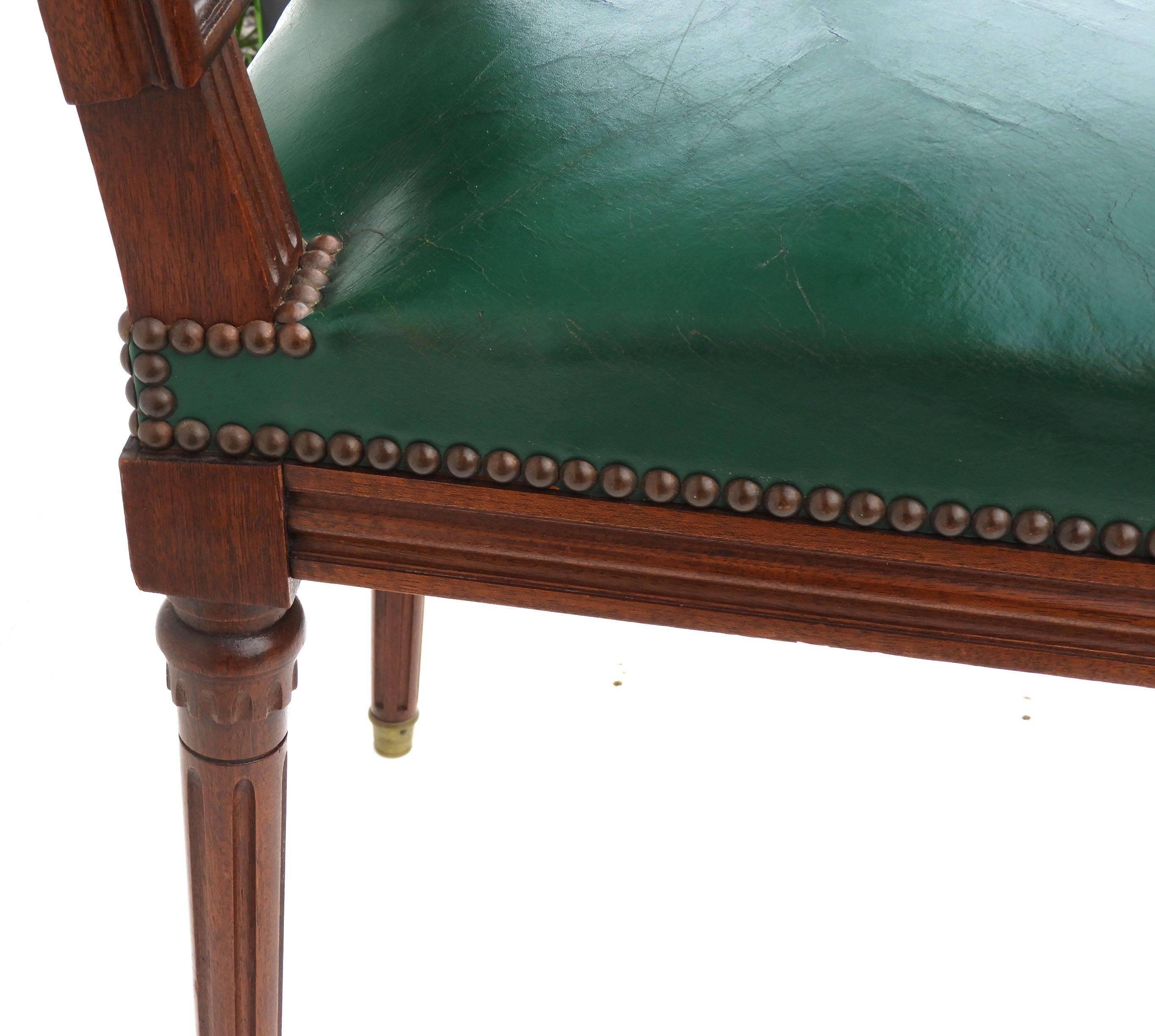 Six Dining Chairs French Louis XVI Revival Green Leather Upholstered, circa 1920 3