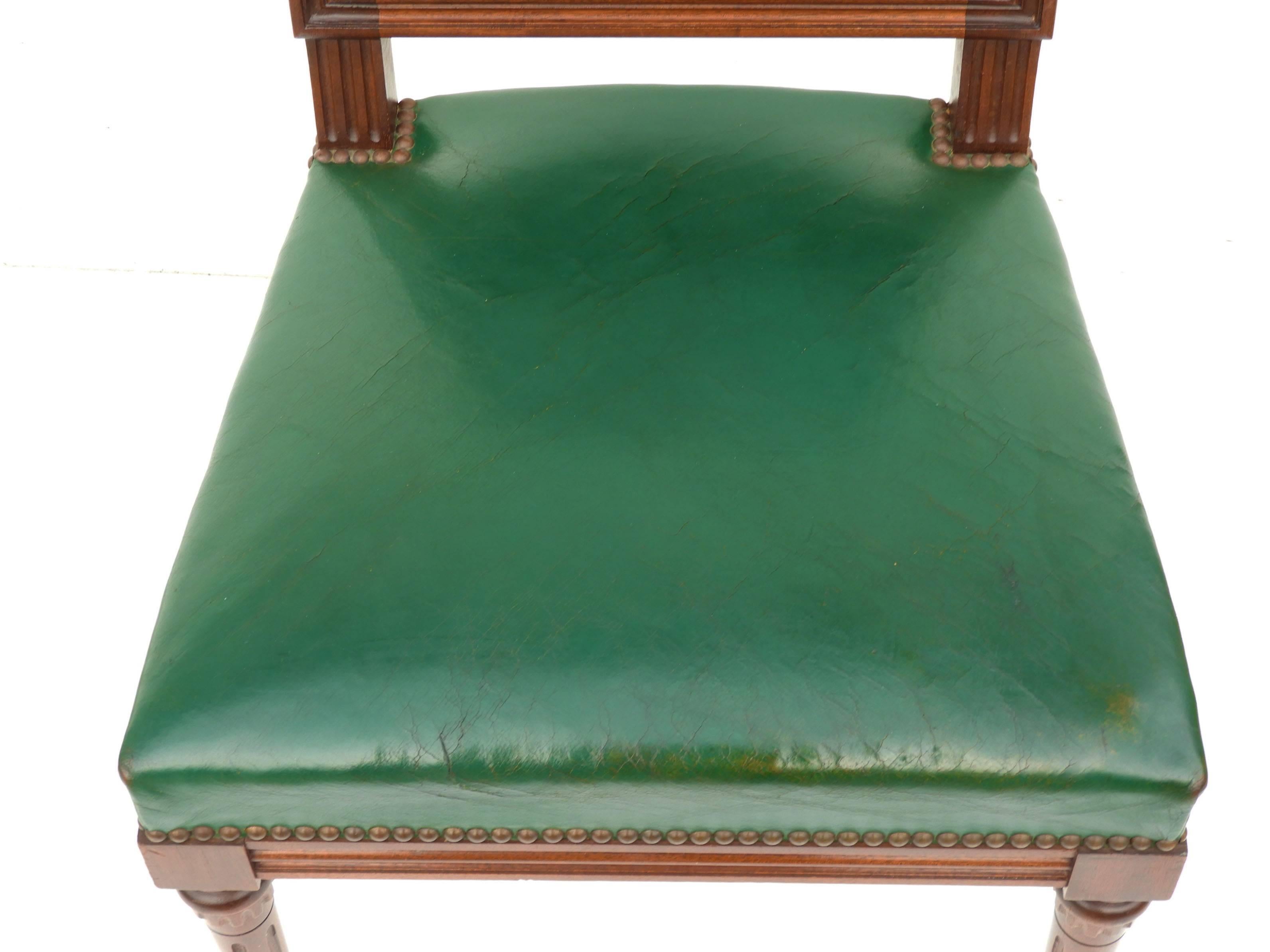 20th Century Six Dining Chairs French Louis XVI Revival Green Leather Upholstered, circa 1920