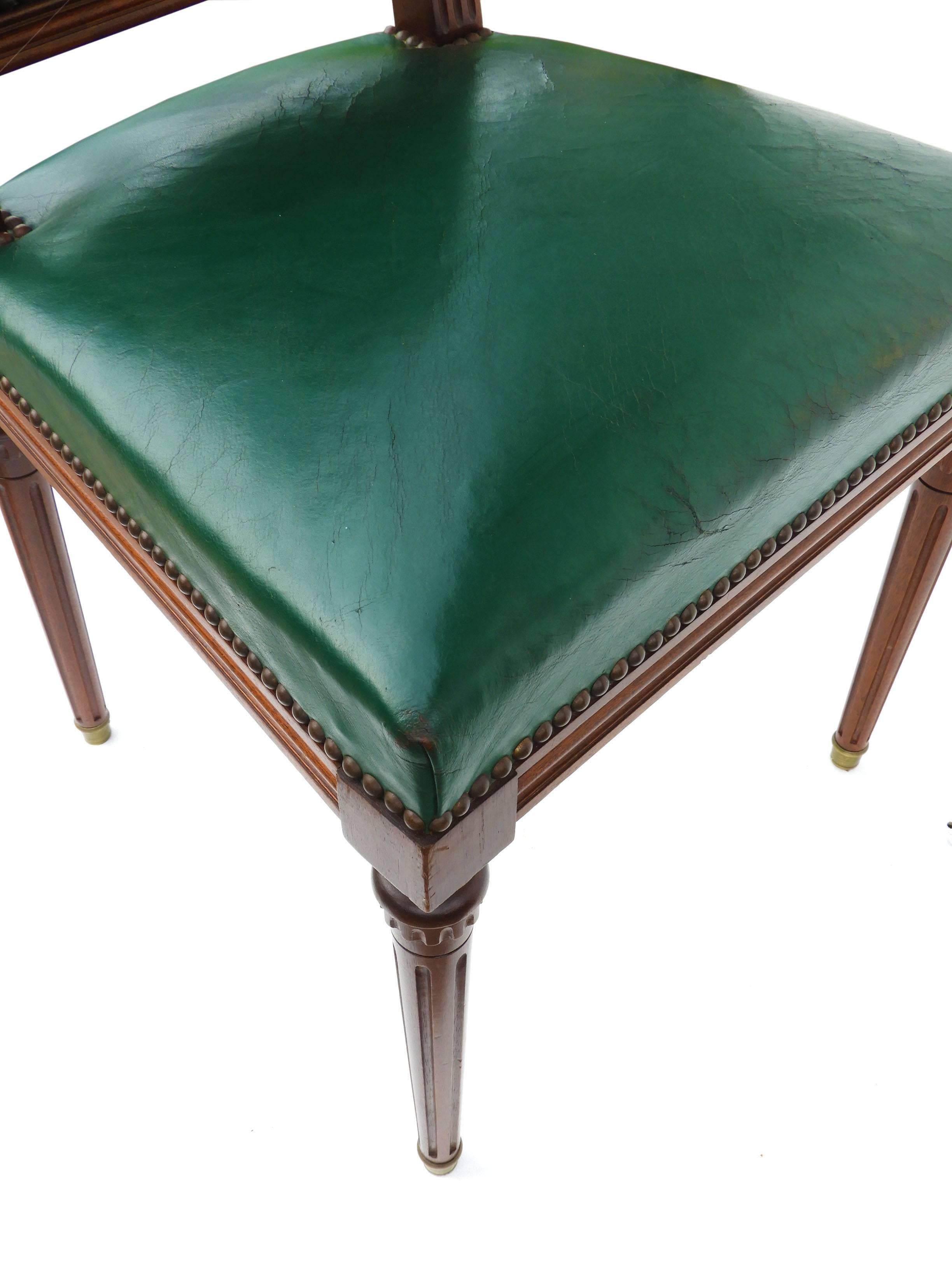 Upholstery Six Dining Chairs French Louis XVI Revival Green Leather Upholstered, circa 1920