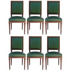 Sechs Esszimmerstühle Französisch Louis XVI Revival Grünes Leder gepolstert:: um 1920
