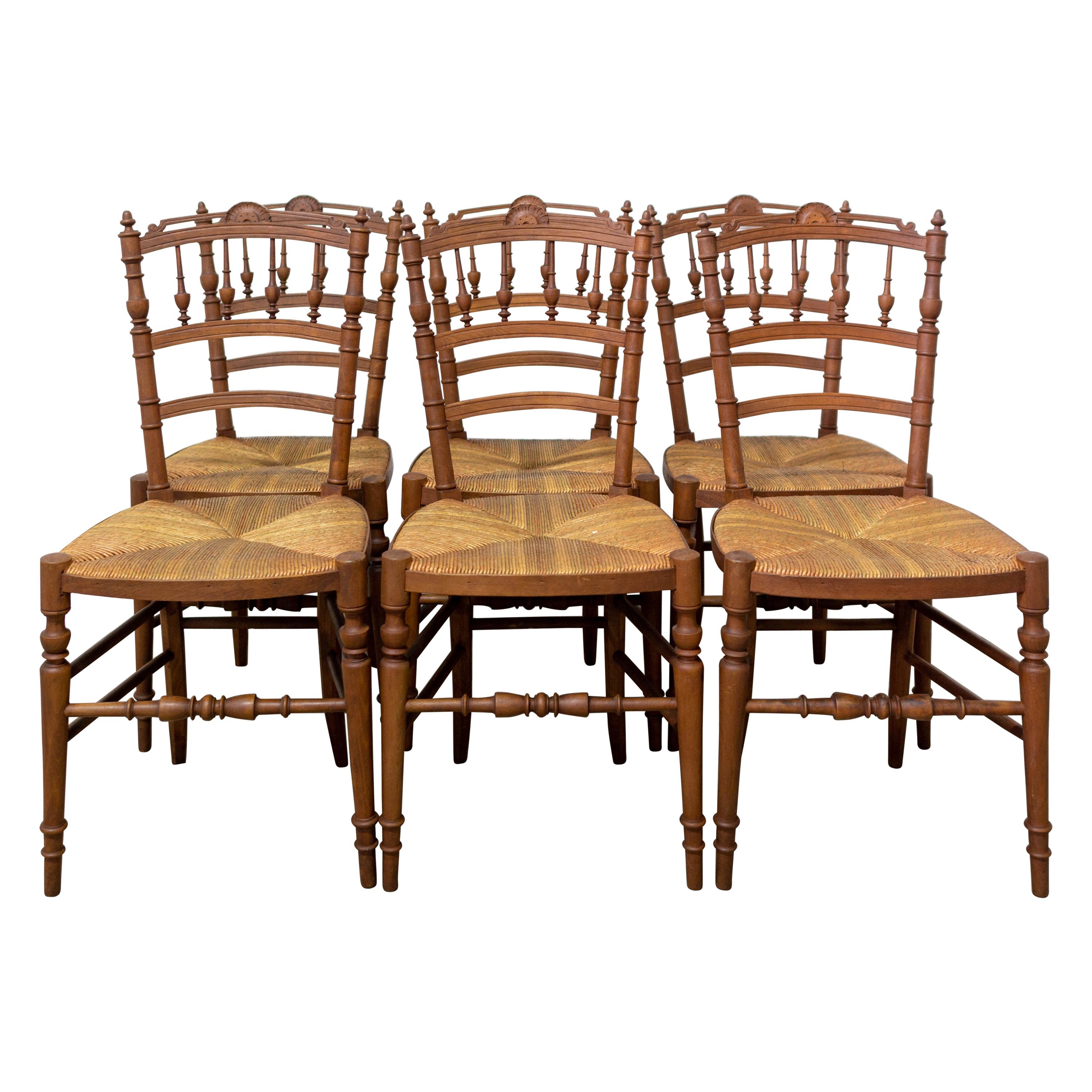 Six Dining Chairs French Rush Seats and Baluster Backs, Late 19th Century