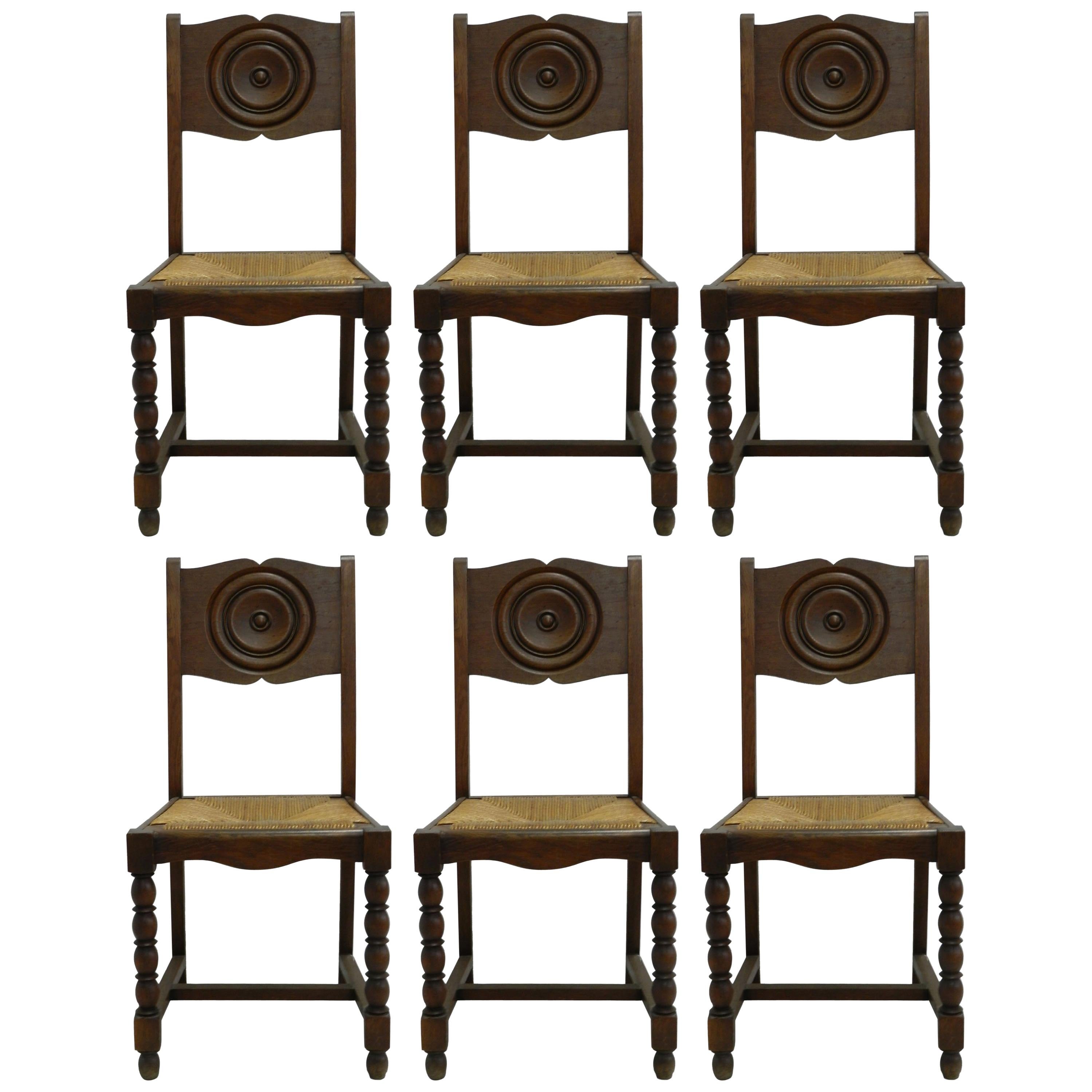 Six Dining Chairs French Vintage Art Deco Era Basque Modernist Rush Seats