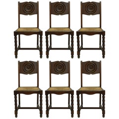 Six Dining Chairs French Vintage Art Deco Era Basque Modernist Rush Seats