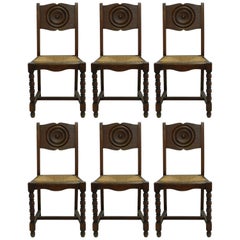 Six Chaises De Salle à Manger Français Vintage Epoque Art Déco Basque Moderniste Rush Seats