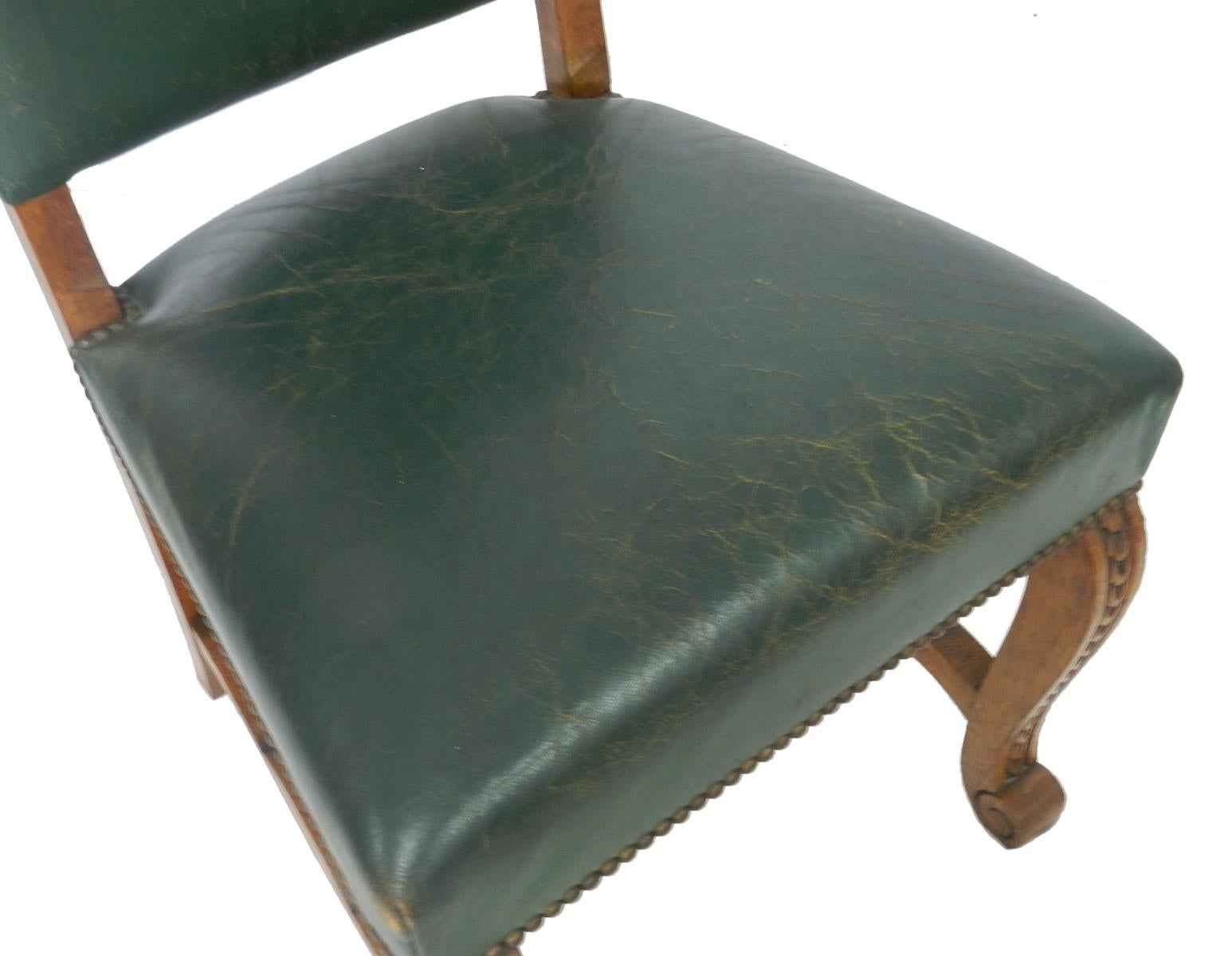 Six Dining Chairs Green Leather Upholstered, French, circa 1920 In Good Condition In Labrit, Landes