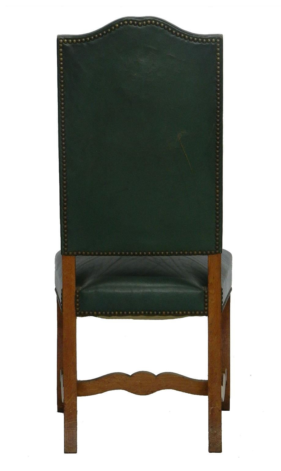 20th Century Six Dining Chairs Green Leather Upholstered, French, circa 1920