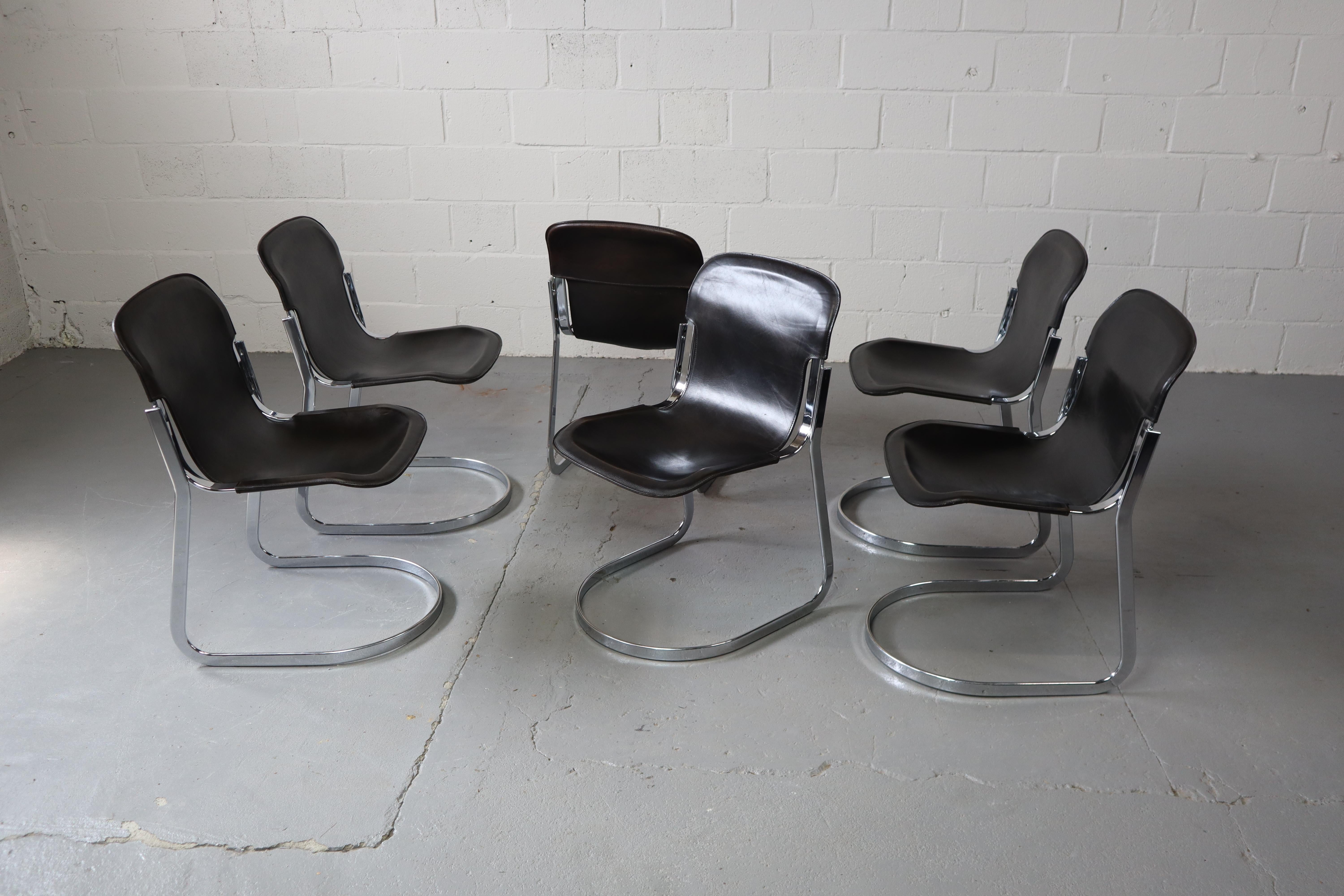 Set of six dining chairs in black leather and chrome. Designed by Willy Rizzo for Cidue, Italy 1970's