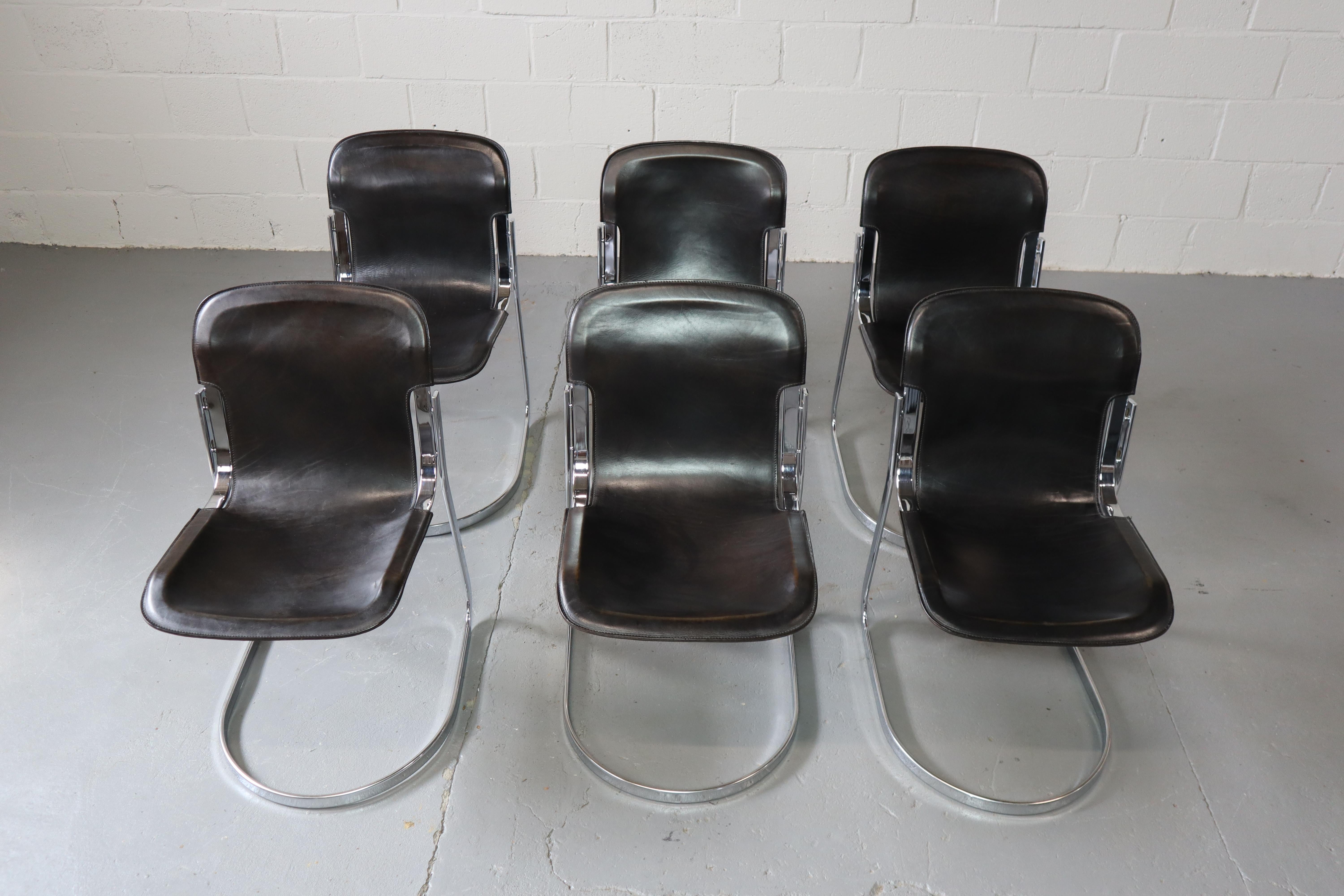 Mid-Century Modern Six dining chairs in black leather and chrome by Willy Rizzo for Cidue, Italy