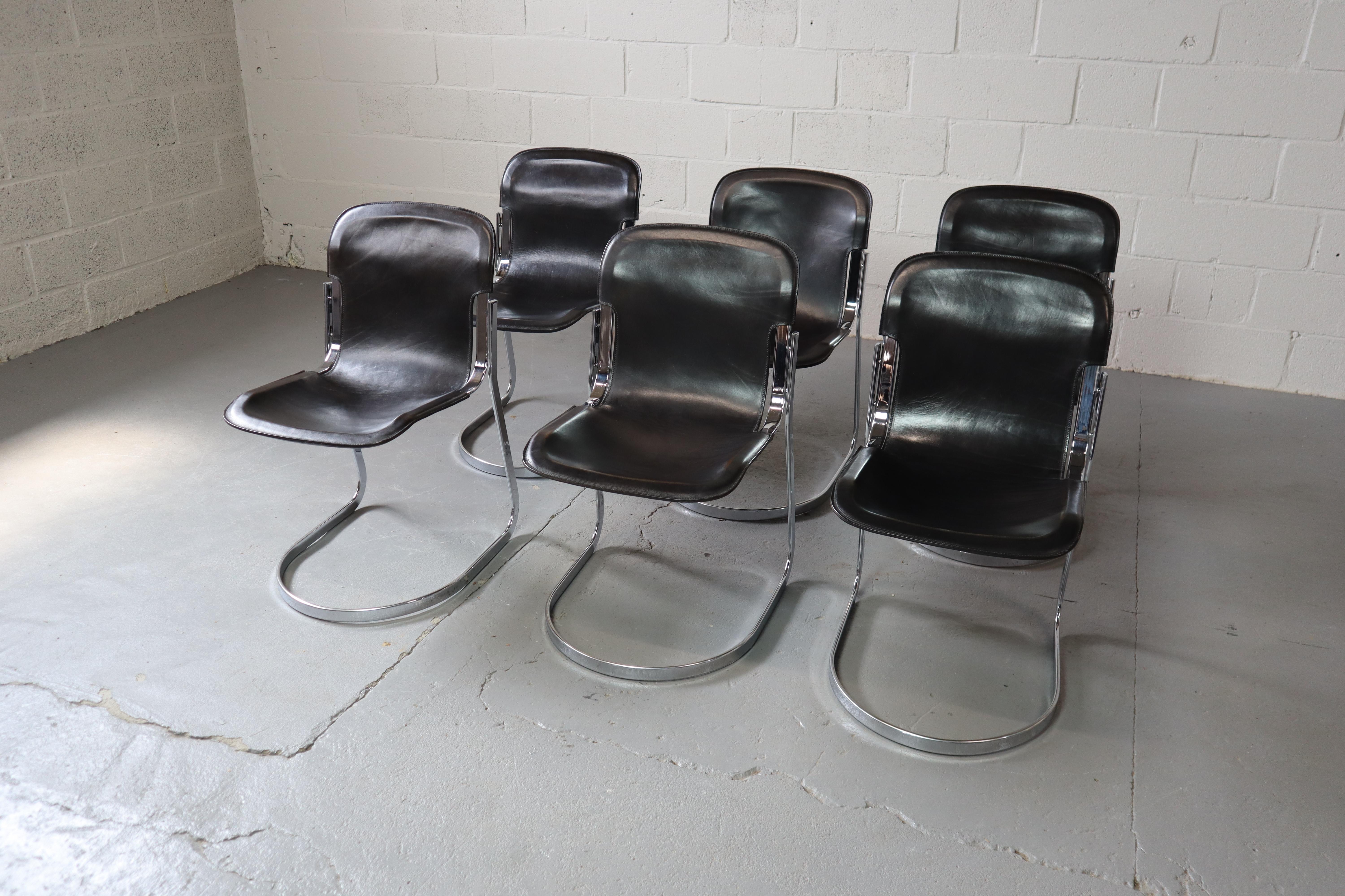 Italian Six dining chairs in black leather and chrome by Willy Rizzo for Cidue, Italy