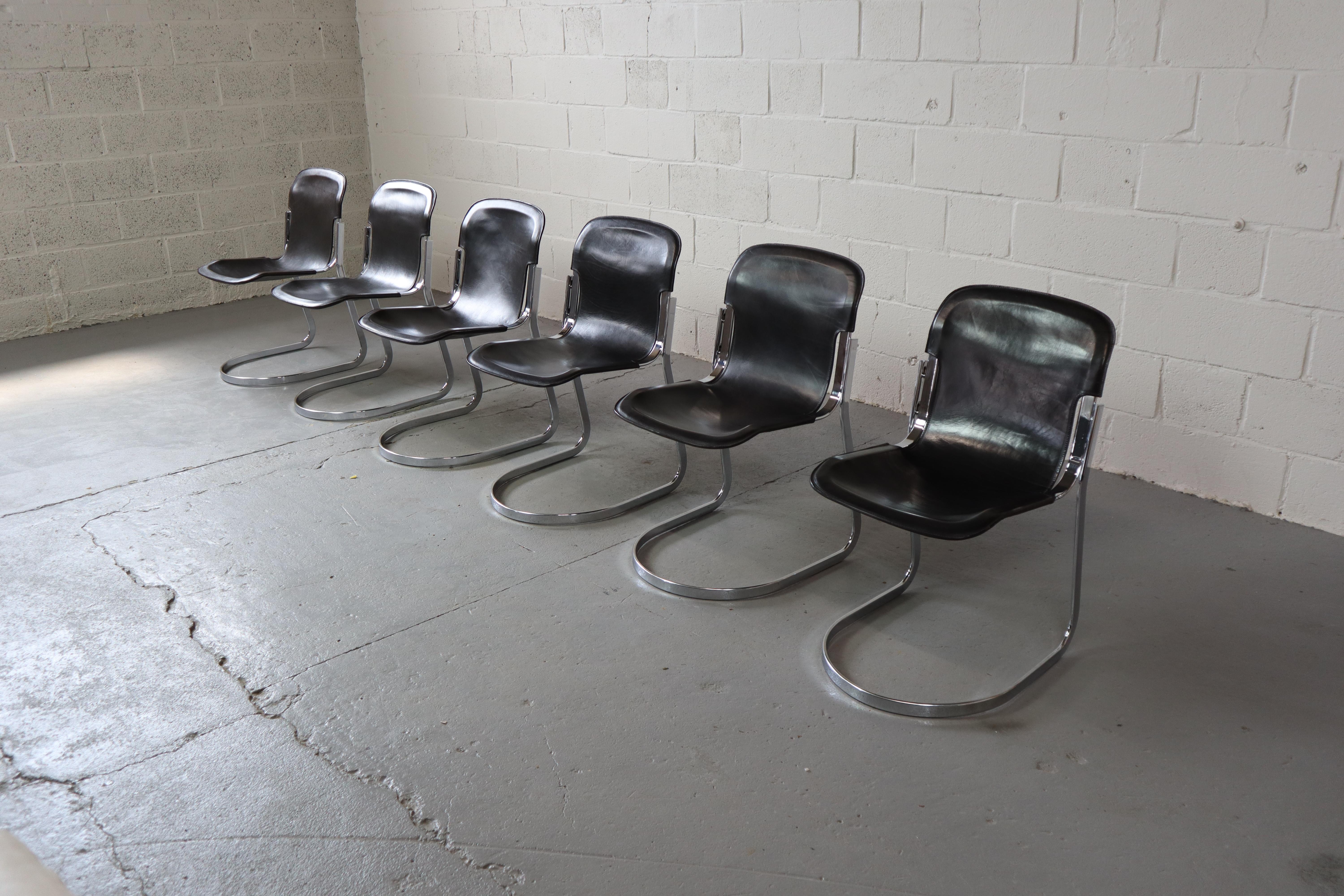 Six dining chairs in black leather and chrome by Willy Rizzo for Cidue, Italy In Good Condition In Langemark-Poelkapelle, BE