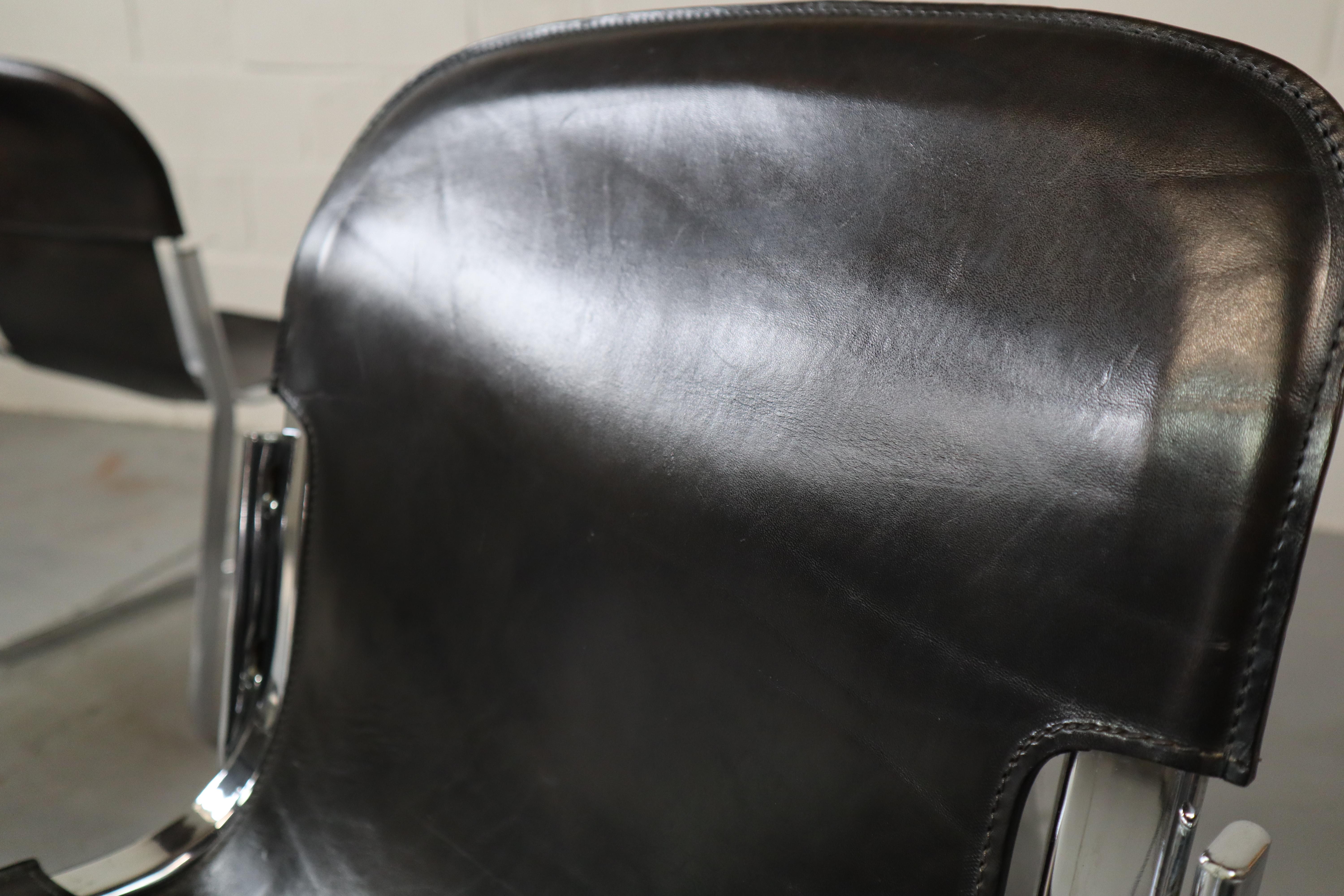 20th Century Six dining chairs in black leather and chrome by Willy Rizzo for Cidue, Italy