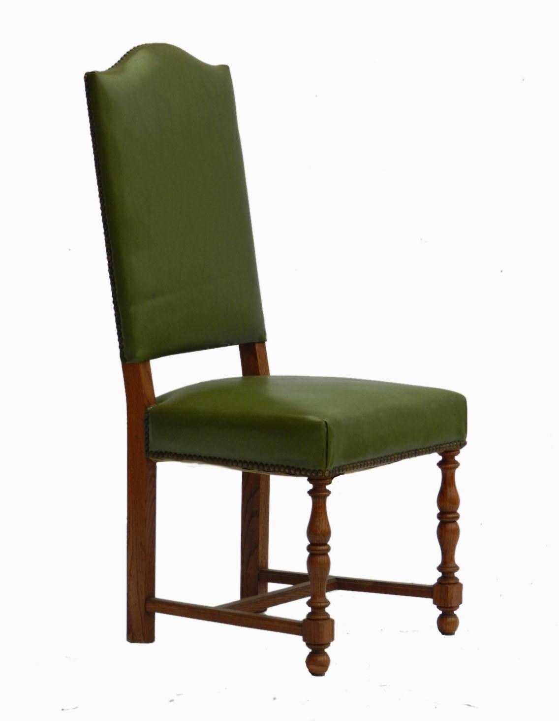 Six French dining chairs, circa 1920
Price includes recovering excludes cost of fabric or leather
Upholstered
High backs
Very comfortable
Turned oak legs we can customize the wood to your specifications
Sound and solid.

 