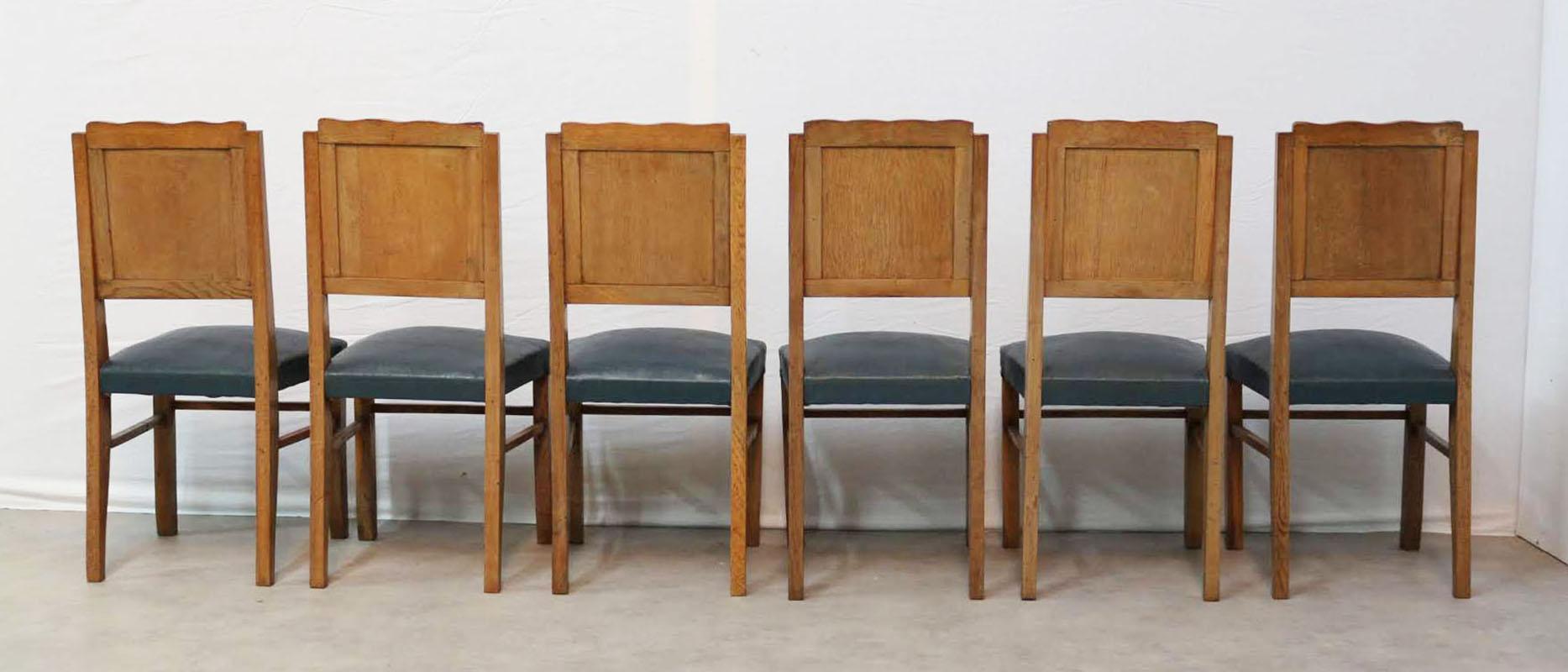 Set of six French dining chairs circa 1950 
Oak 
In good condition solid and sound to use or easily recovered.
        
   