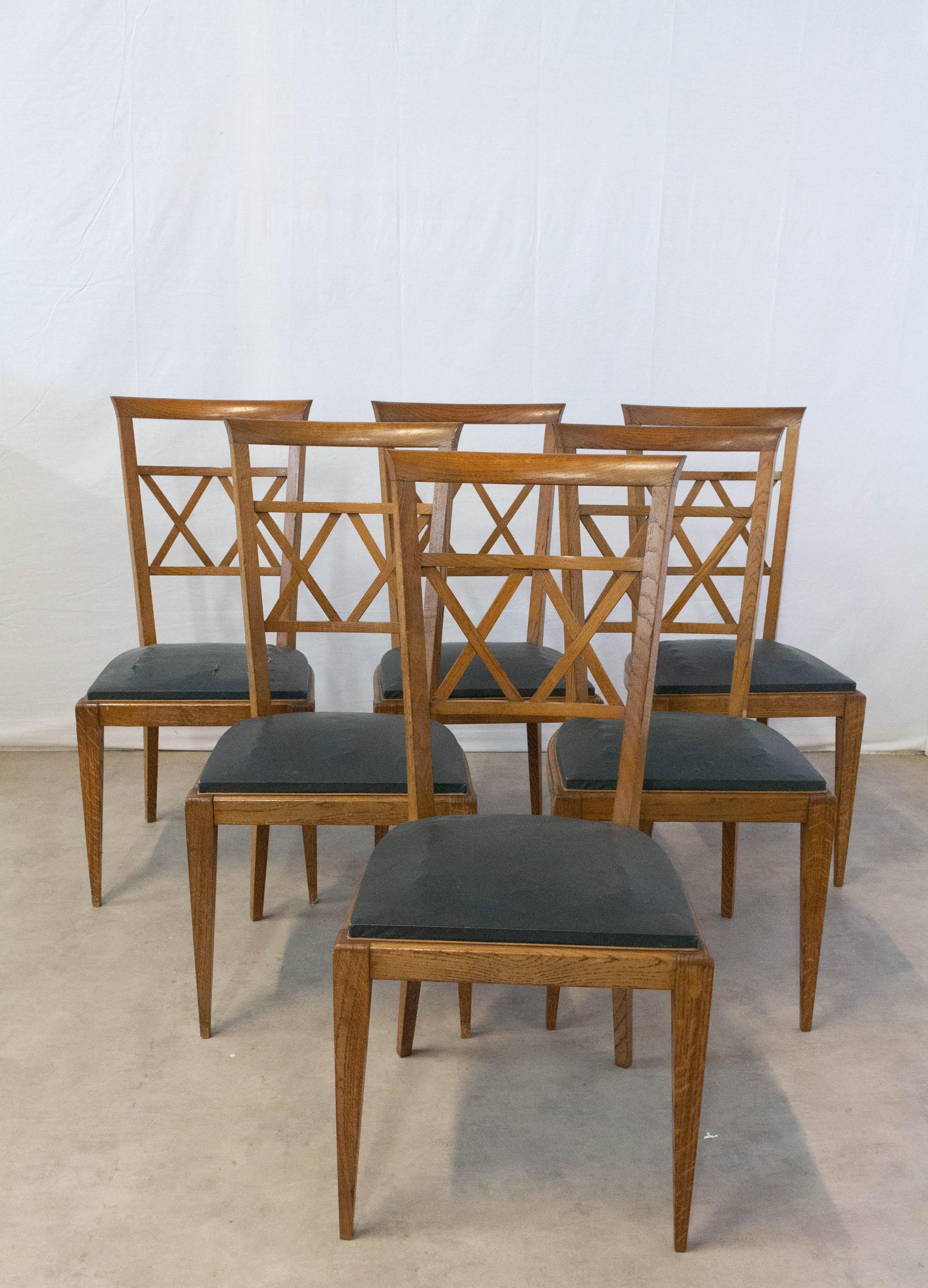 Six Dining Chairs Midcentury French Crossed Wood Backs, circa 1950 1