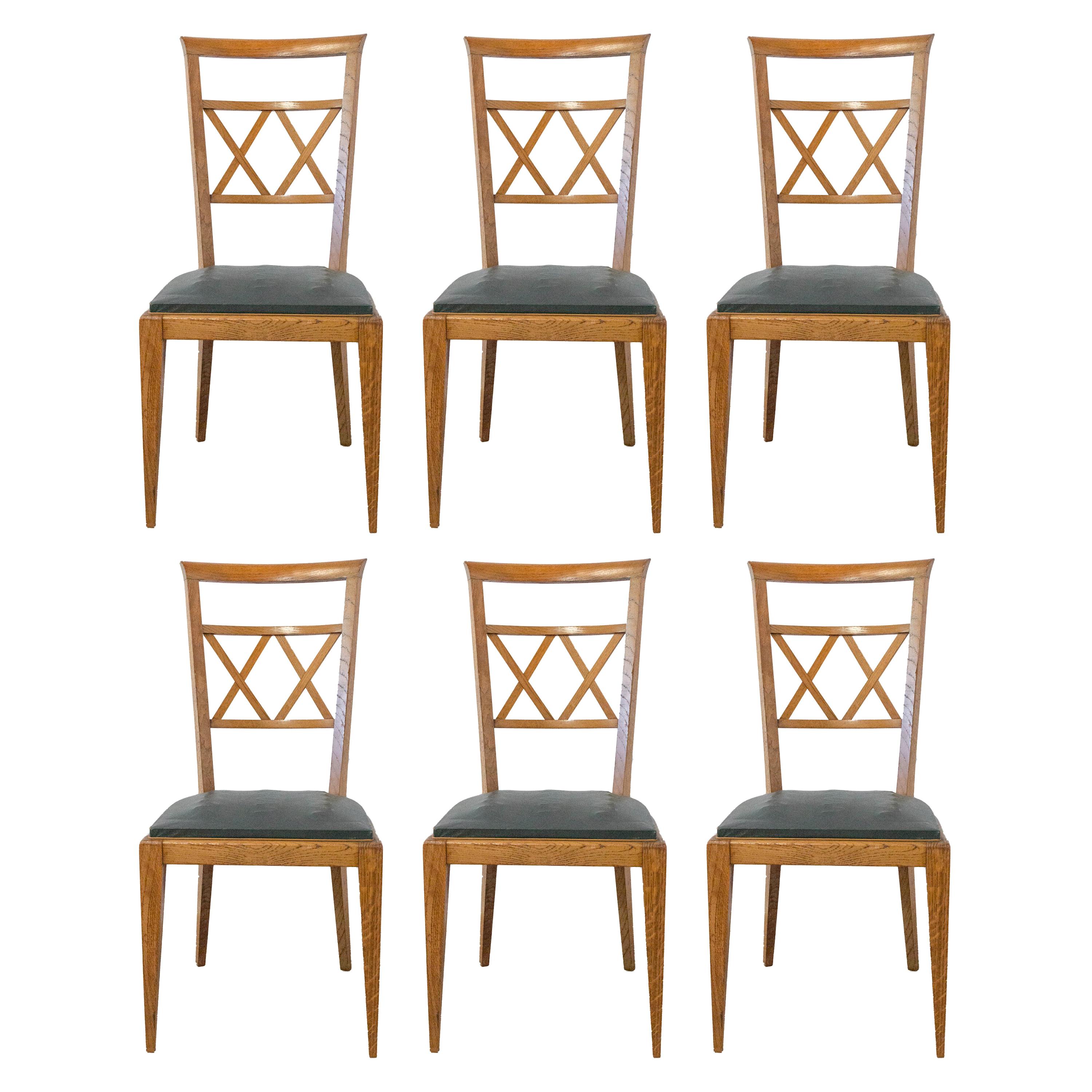Six Dining Chairs Midcentury French Crossed Wood Backs, circa 1950