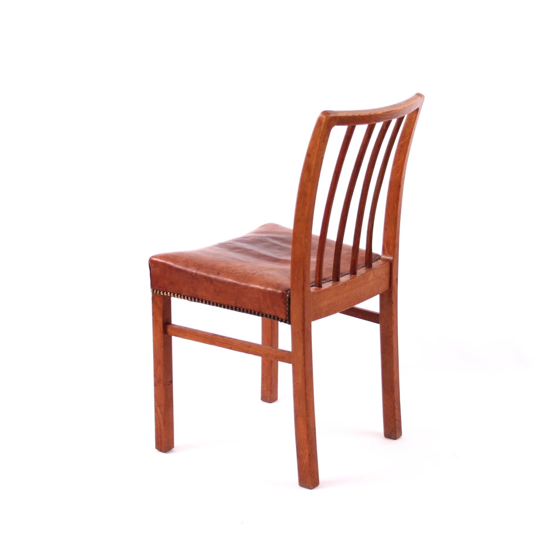 Oiled Jacob Kjær Six Dining Chairs Oak, Niger Leather, Denmark, 1930s