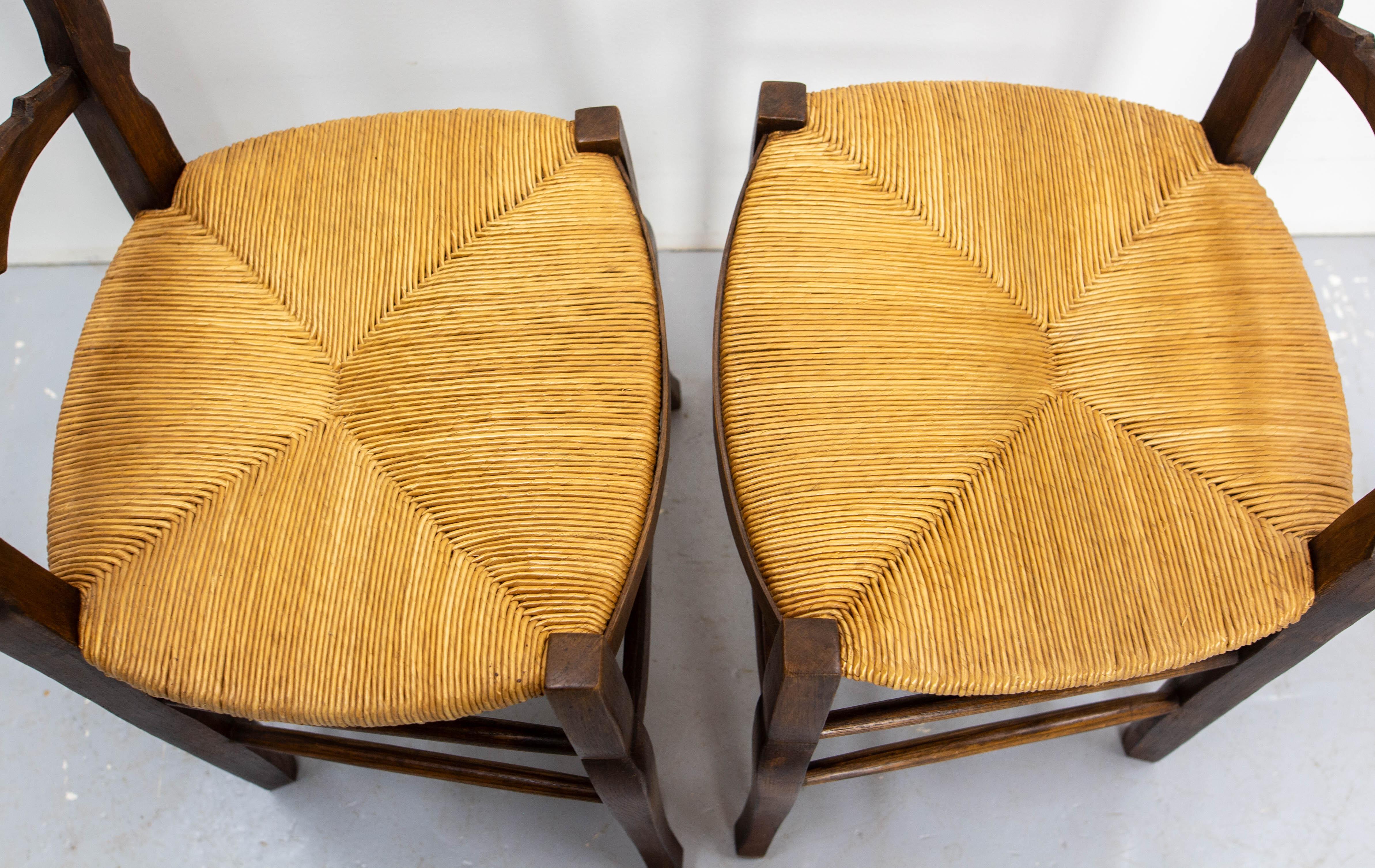 Six Dining Chairs Oak and Straw Midcentury French, circa 1950 For Sale 6
