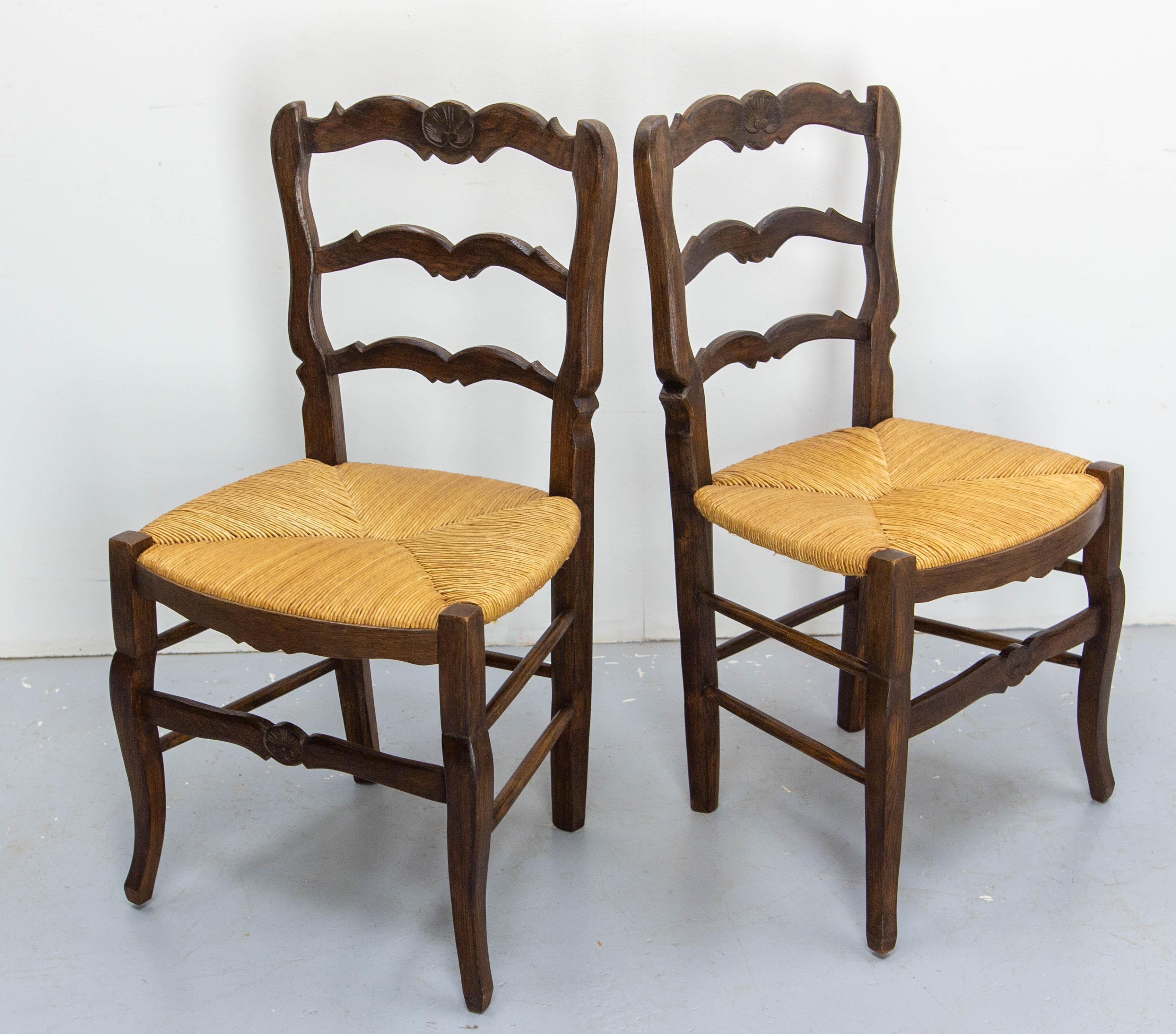 Six Dining Chairs Oak and Straw Midcentury French, circa 1950 In Good Condition For Sale In Labrit, Landes
