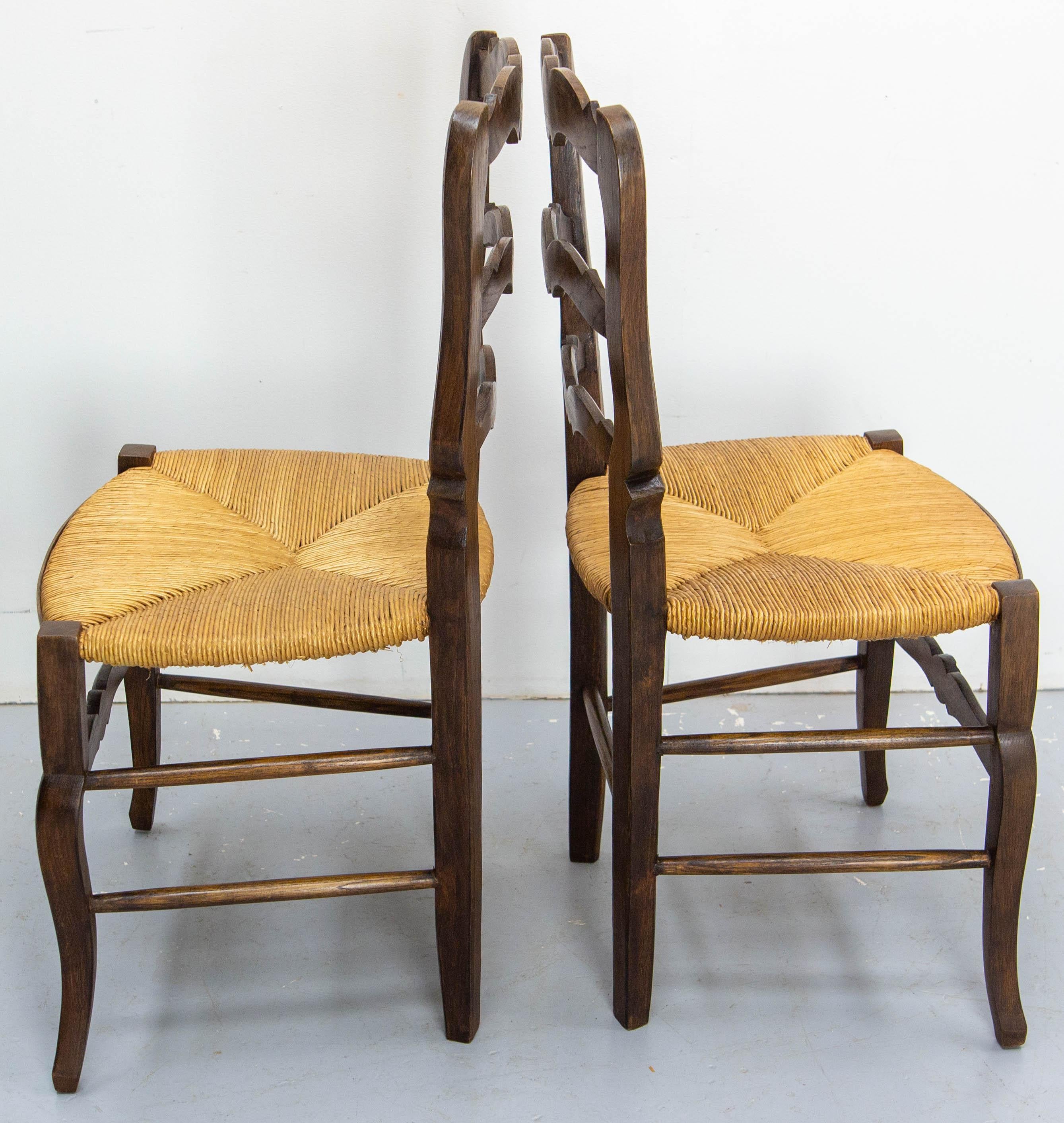 20th Century Six Dining Chairs Oak and Straw Midcentury French, circa 1950 For Sale