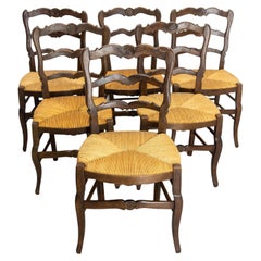 Seis Sillas de Comedor Roble y Paja Mediados de Siglo Francés, circa 1950
