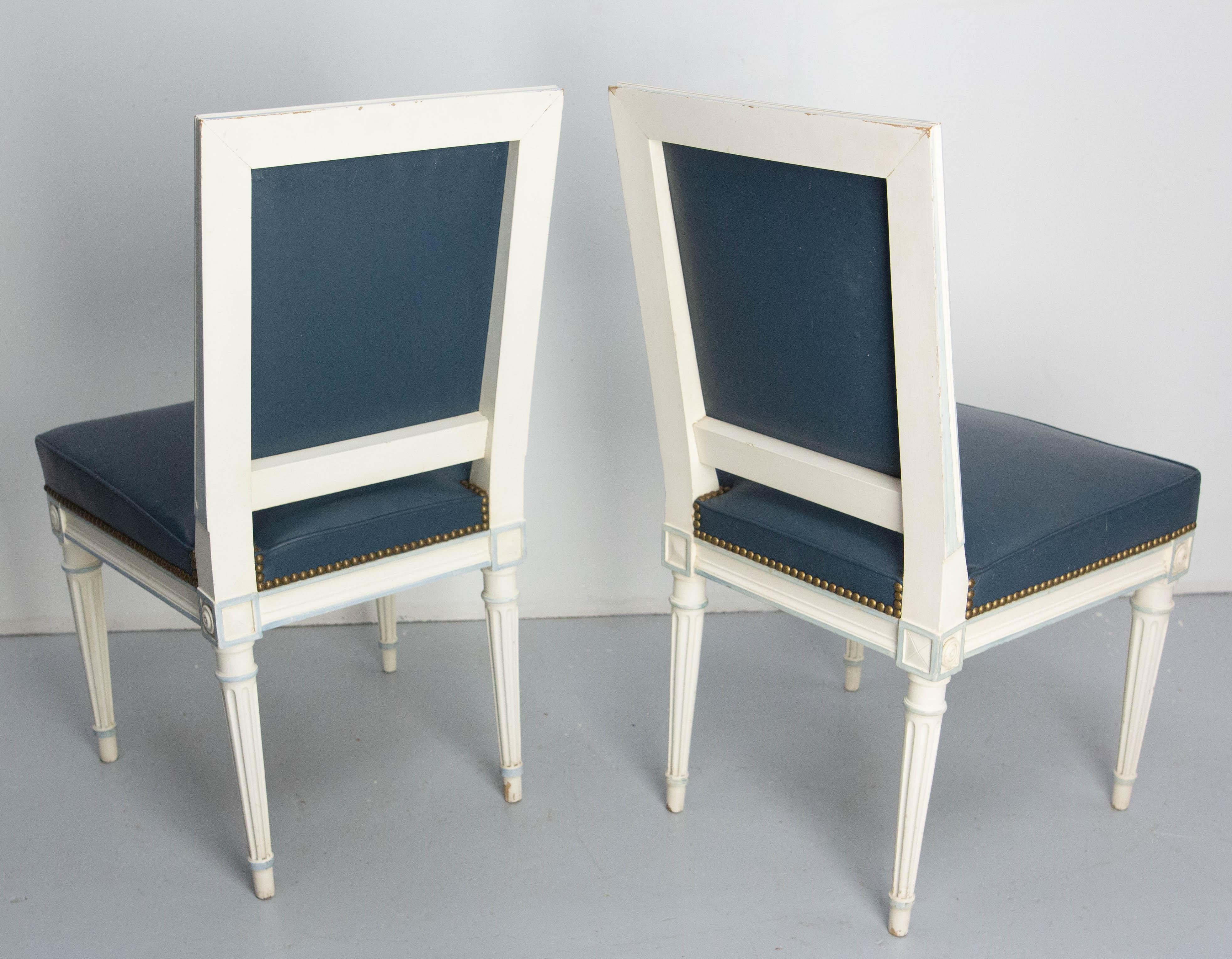 Six Dining Chairs Painted Wood & Blue Skai Louis 16 Style, Midcentury French For Sale 5