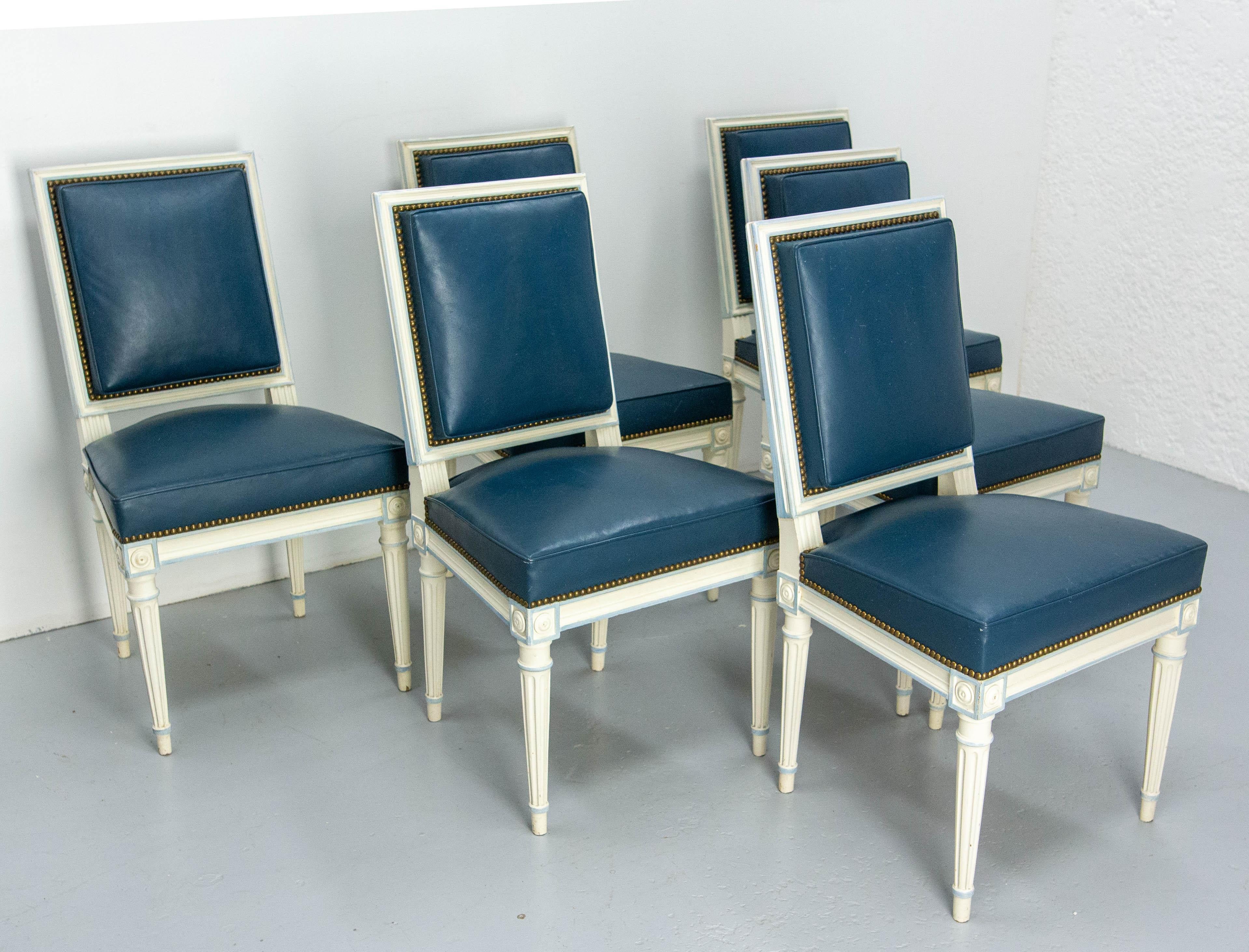 Mid-Century Modern Six Dining Chairs Painted Wood & Blue Skai Louis 16 Style, Midcentury French For Sale