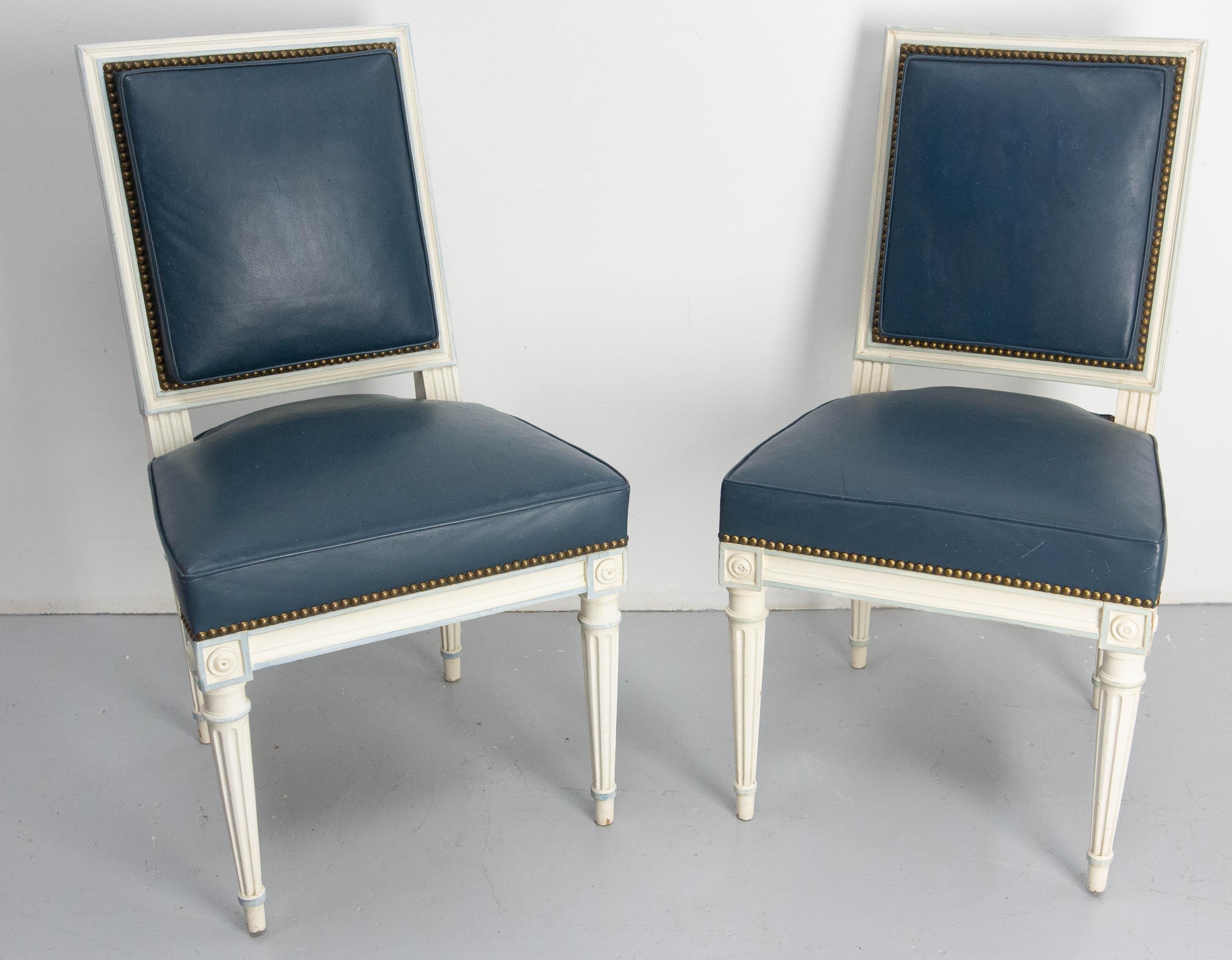 Faux Leather Six Dining Chairs Painted Wood & Blue Skai Louis 16 Style, Midcentury French For Sale