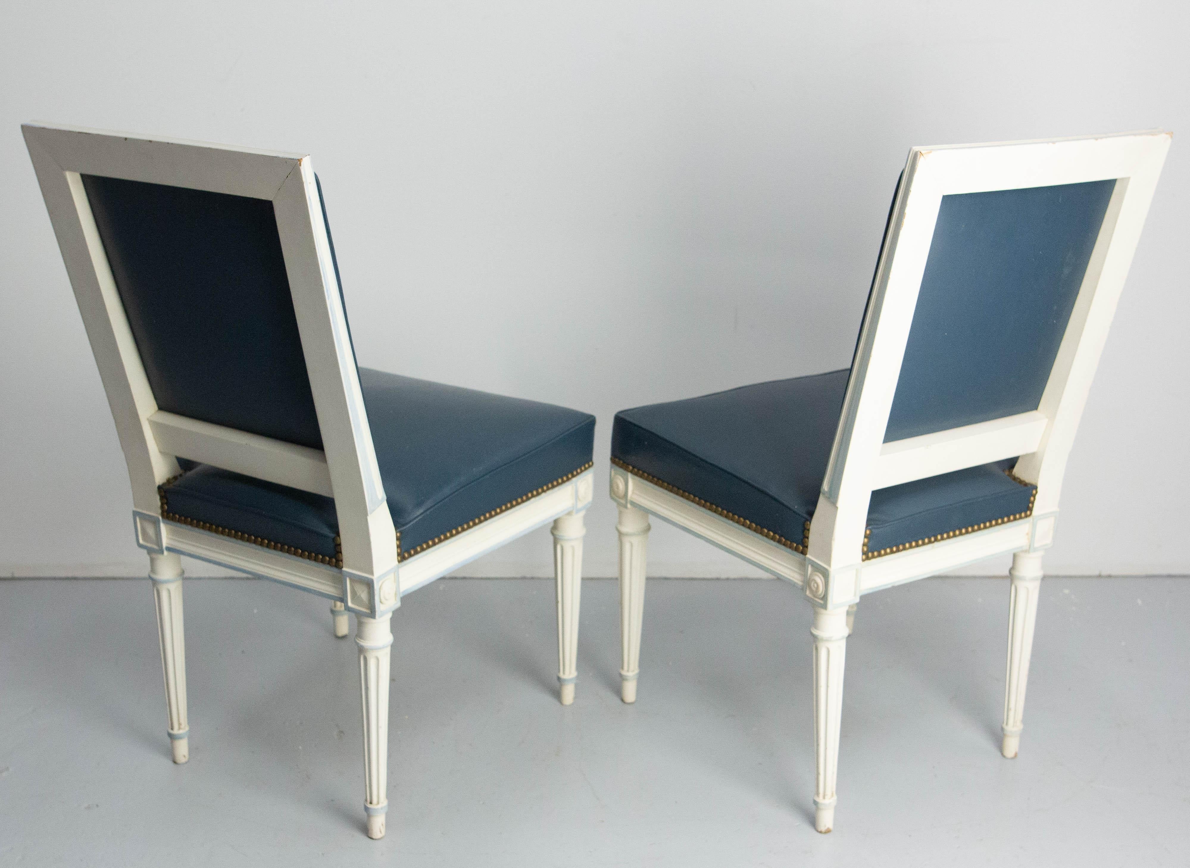 Six Dining Chairs Painted Wood & Blue Skai Louis 16 Style, Midcentury French For Sale 2