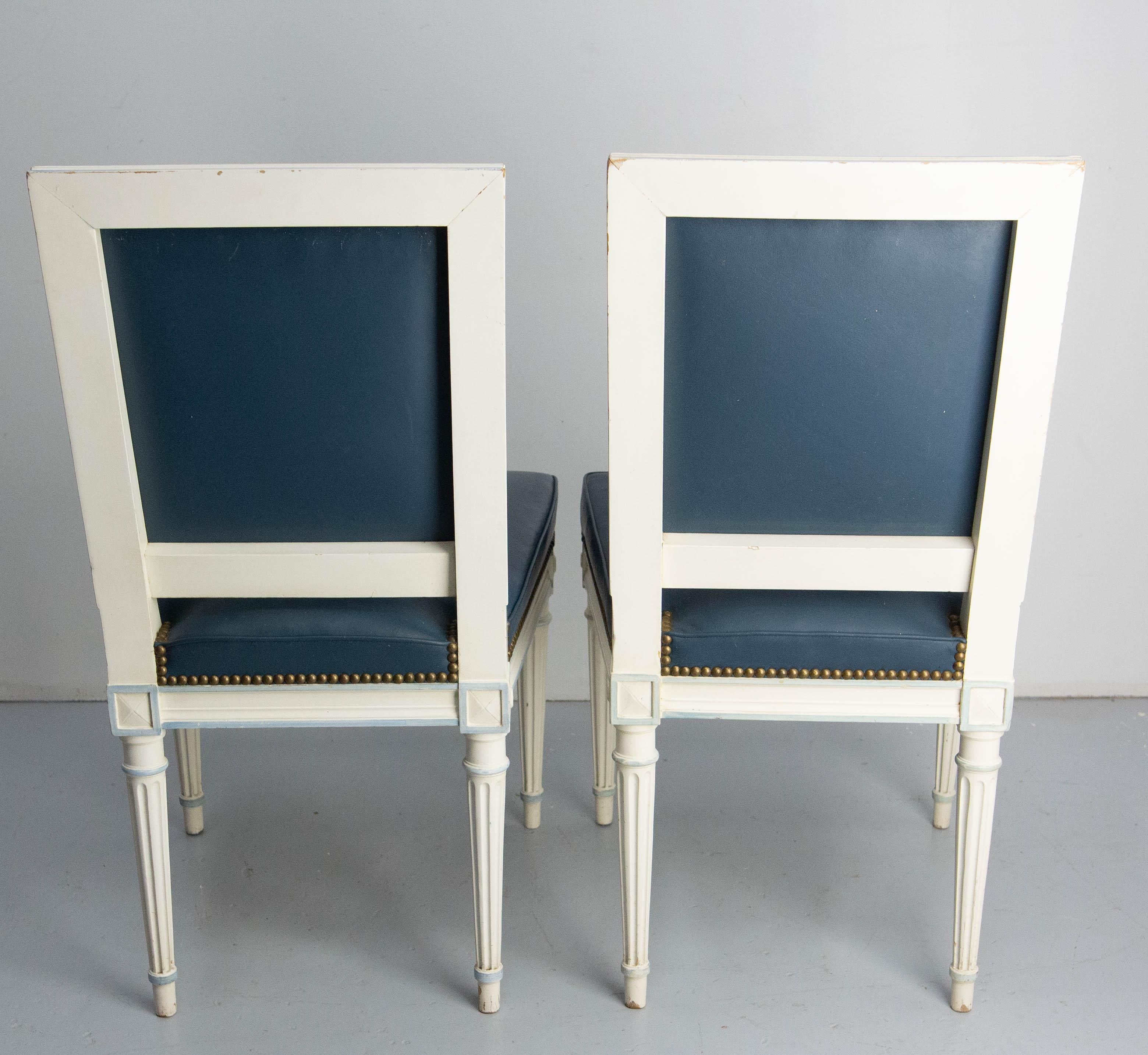 Six Dining Chairs Painted Wood & Blue Skai Louis 16 Style, Midcentury French For Sale 3