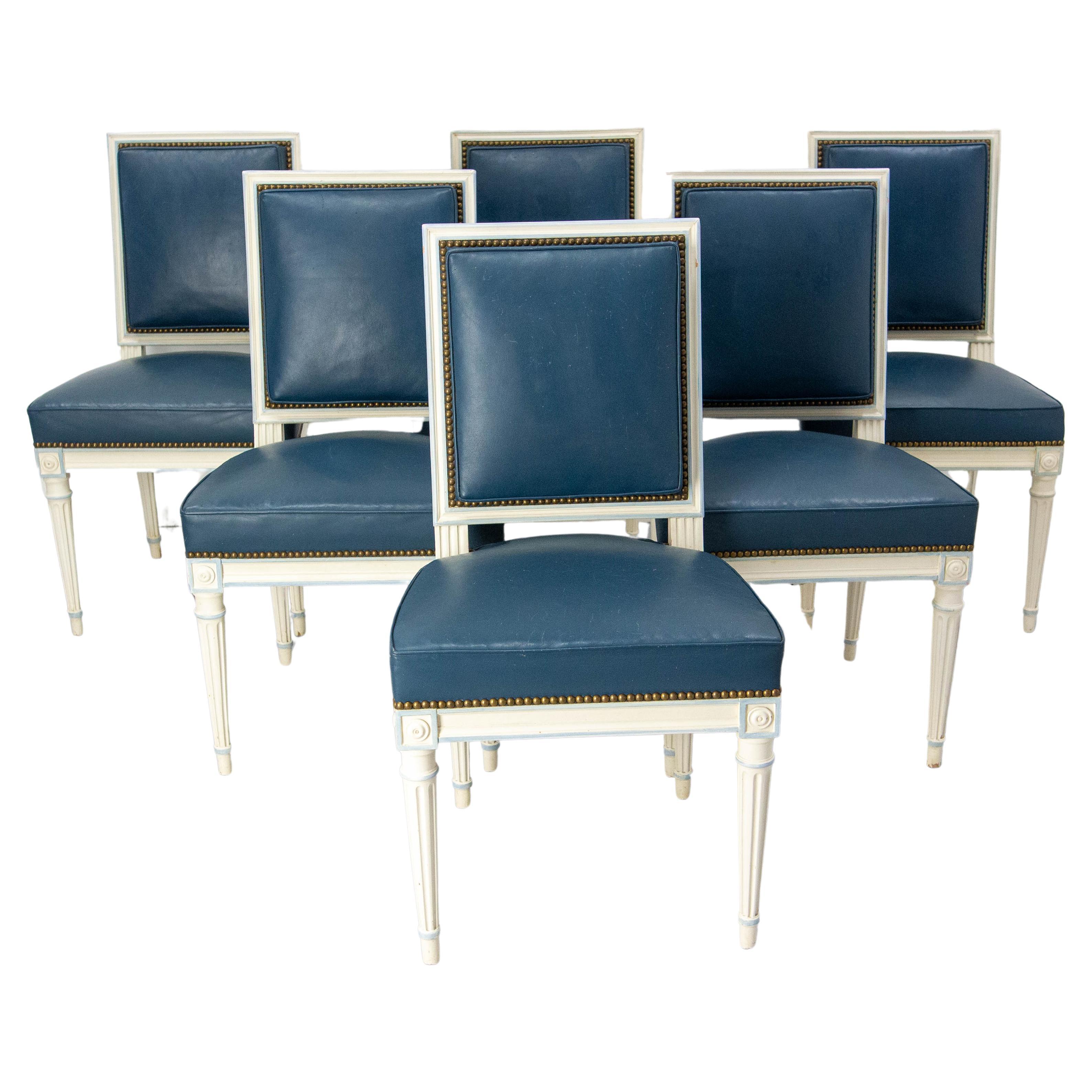 Six Dining Chairs Painted Wood & Blue Skai Louis 16 Style, Midcentury French For Sale