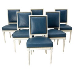 Vintage Six Dining Chairs Painted Wood & Blue Skai Louis 16 Style, Midcentury French