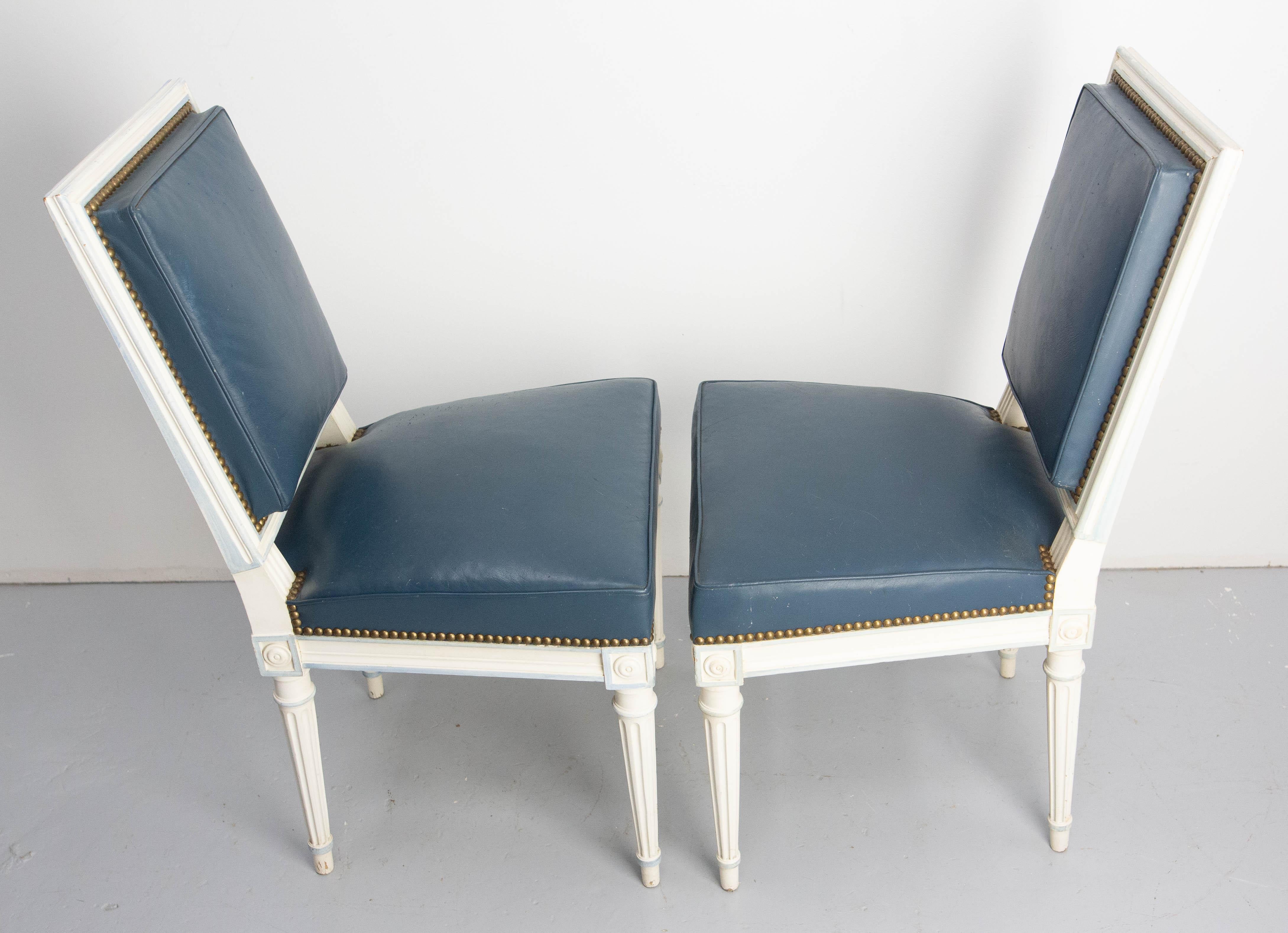 Six Dining Chairs Painted Wood & Blue Skai Louis XVI Style, Midcentury French 6