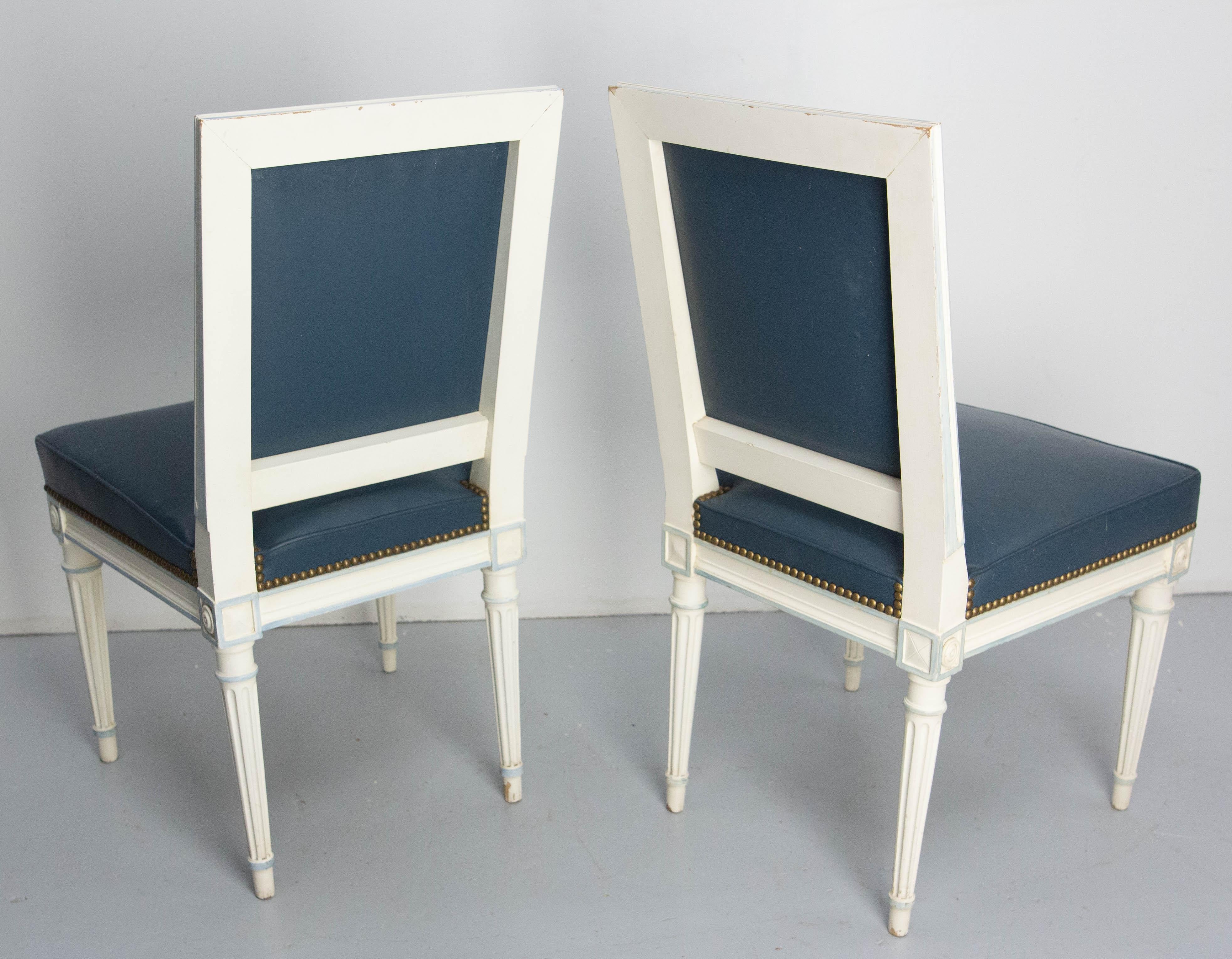 Six Dining Chairs Painted Wood & Blue Skai Louis XVI Style, Midcentury French 10