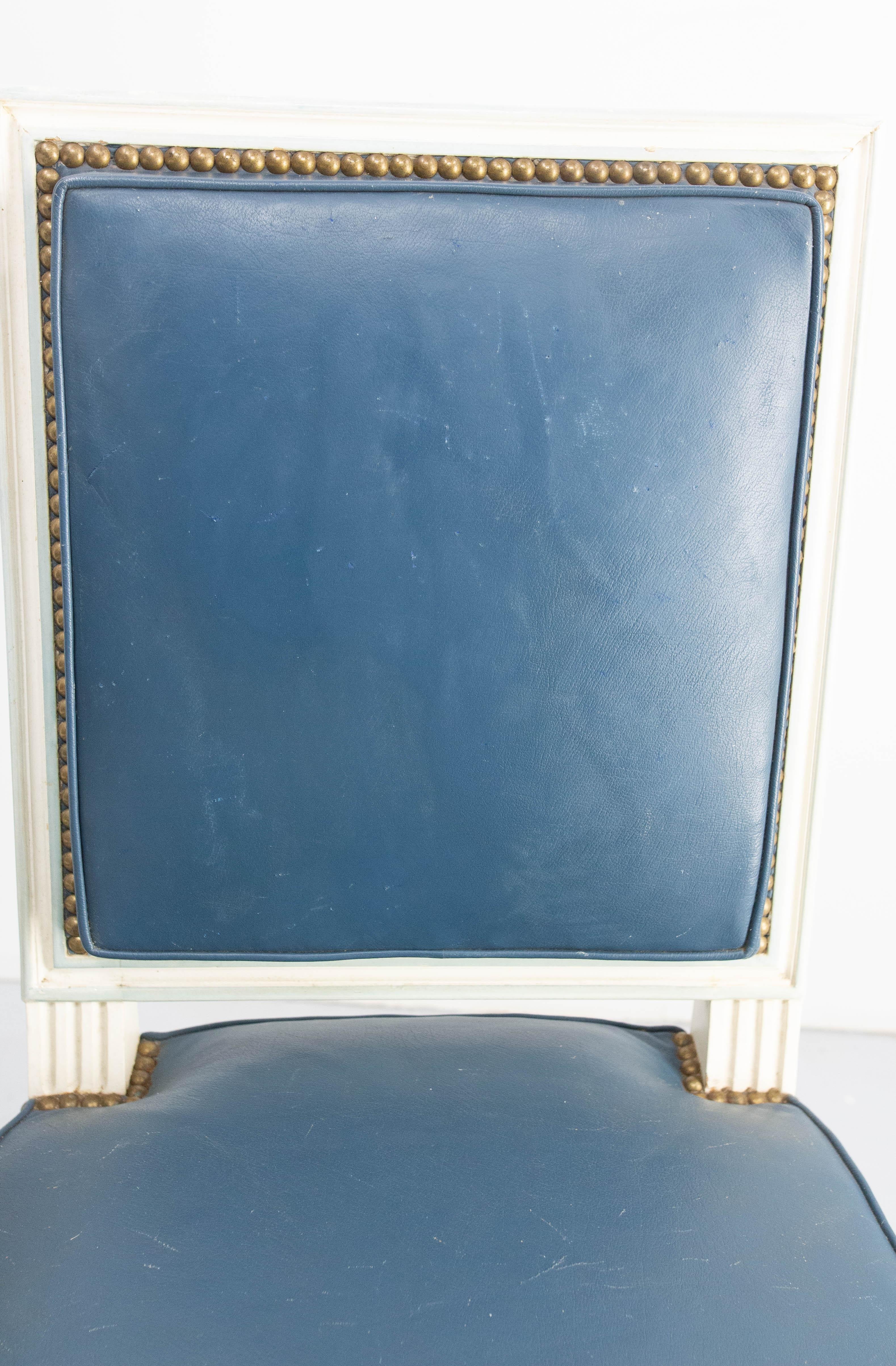 Six Dining Chairs Painted Wood & Blue Skai Louis XVI Style, Midcentury French 13