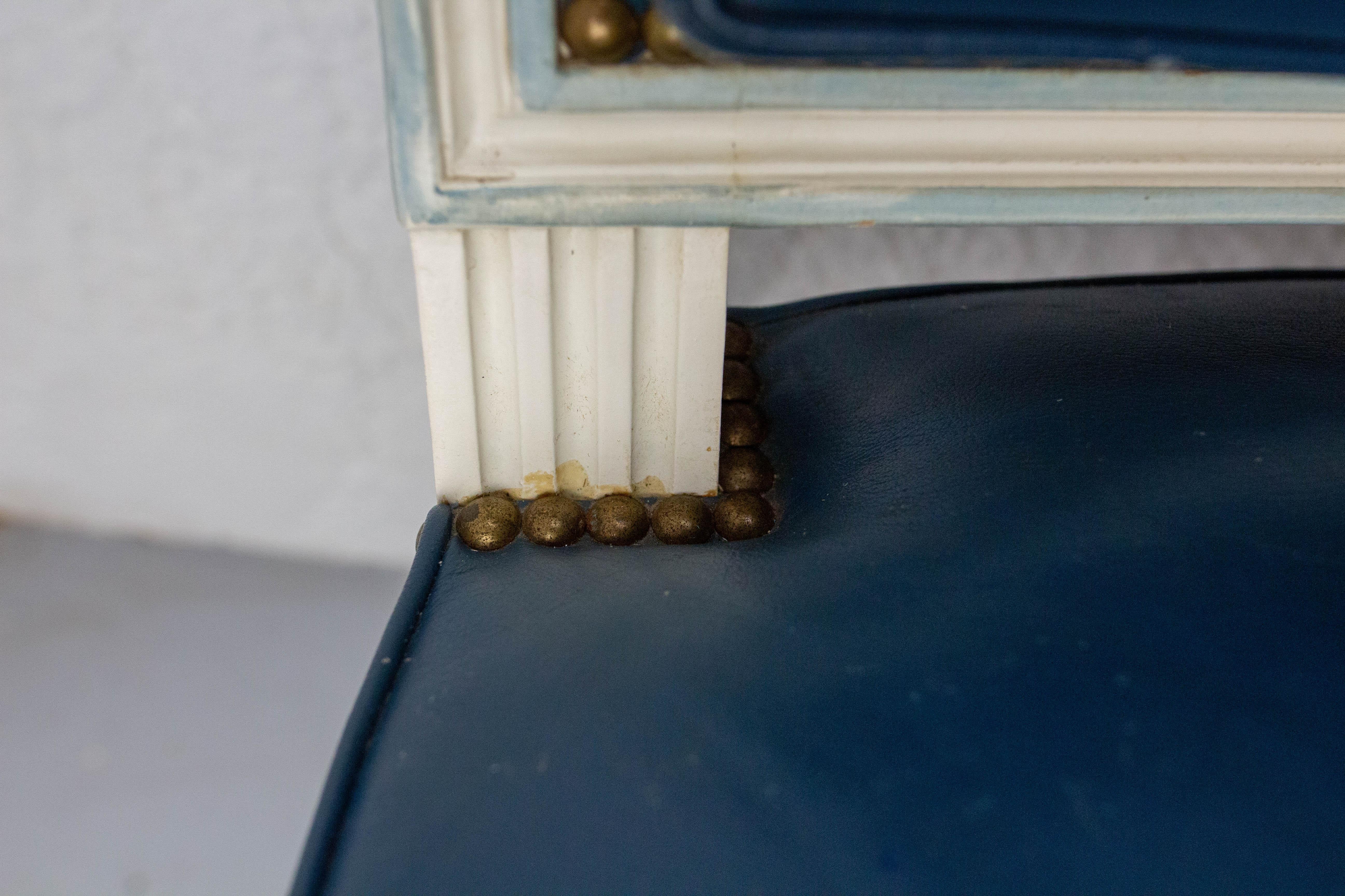 Six Dining Chairs Painted Wood & Blue Skai Louis XVI Style, Midcentury French 14