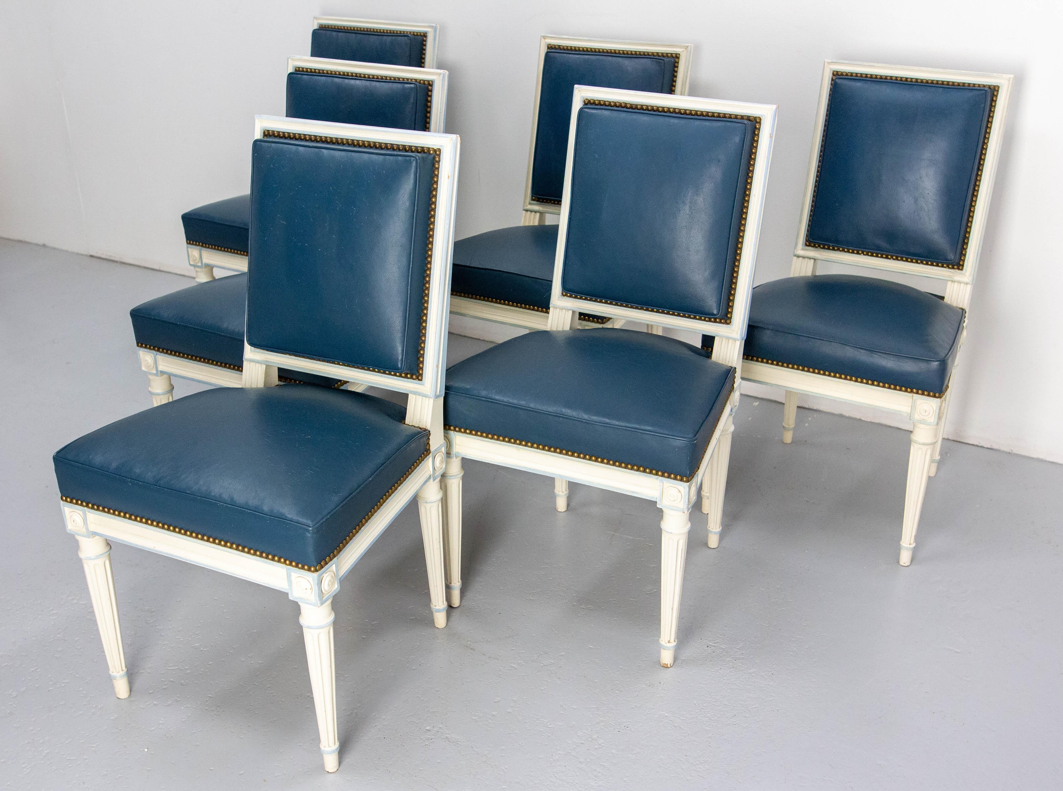 Faux Leather Six Dining Chairs Painted Wood & Blue Skai Louis XVI Style, Midcentury French