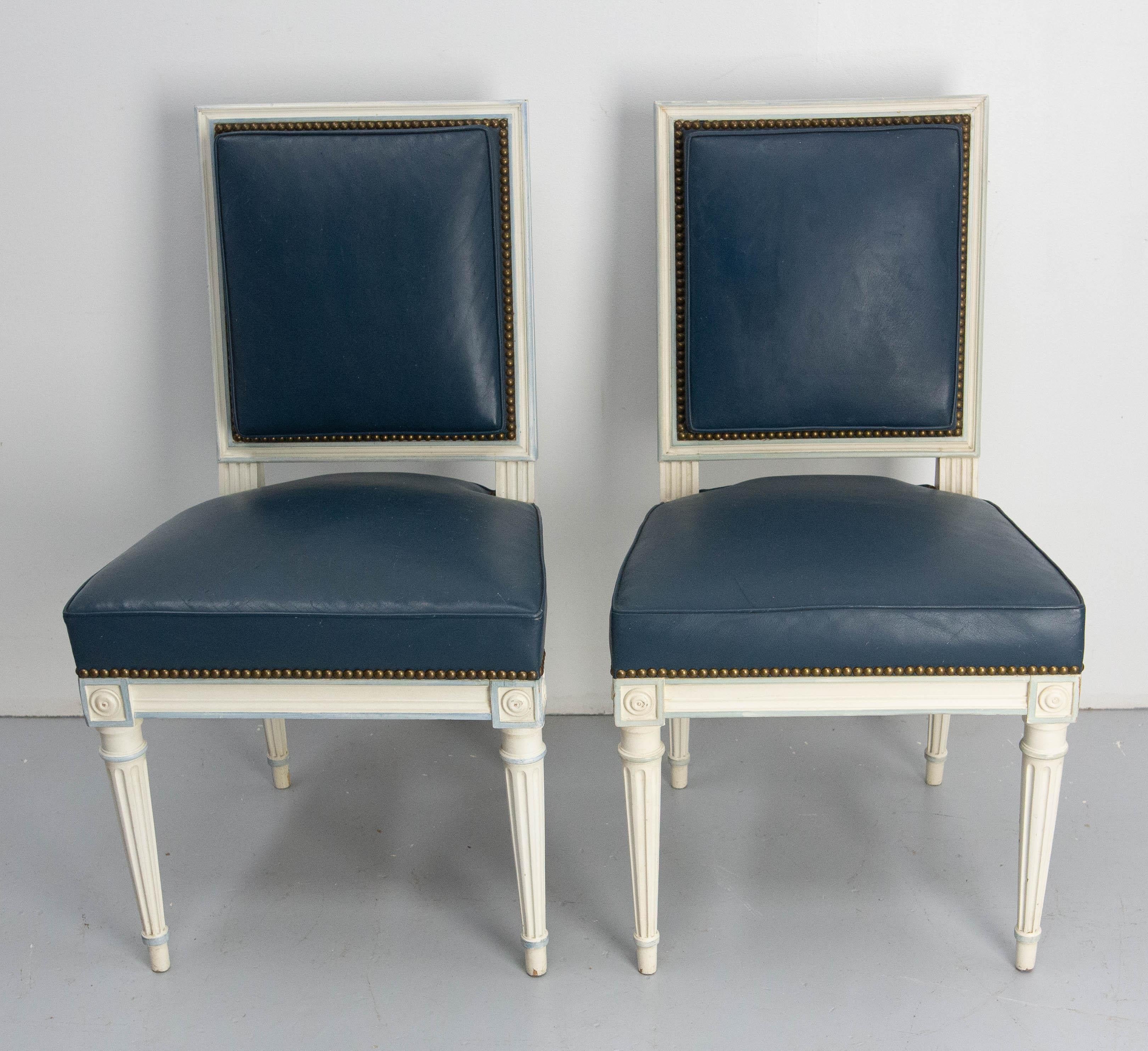 Six Dining Chairs Painted Wood & Blue Skai Louis XVI Style, Midcentury French 1