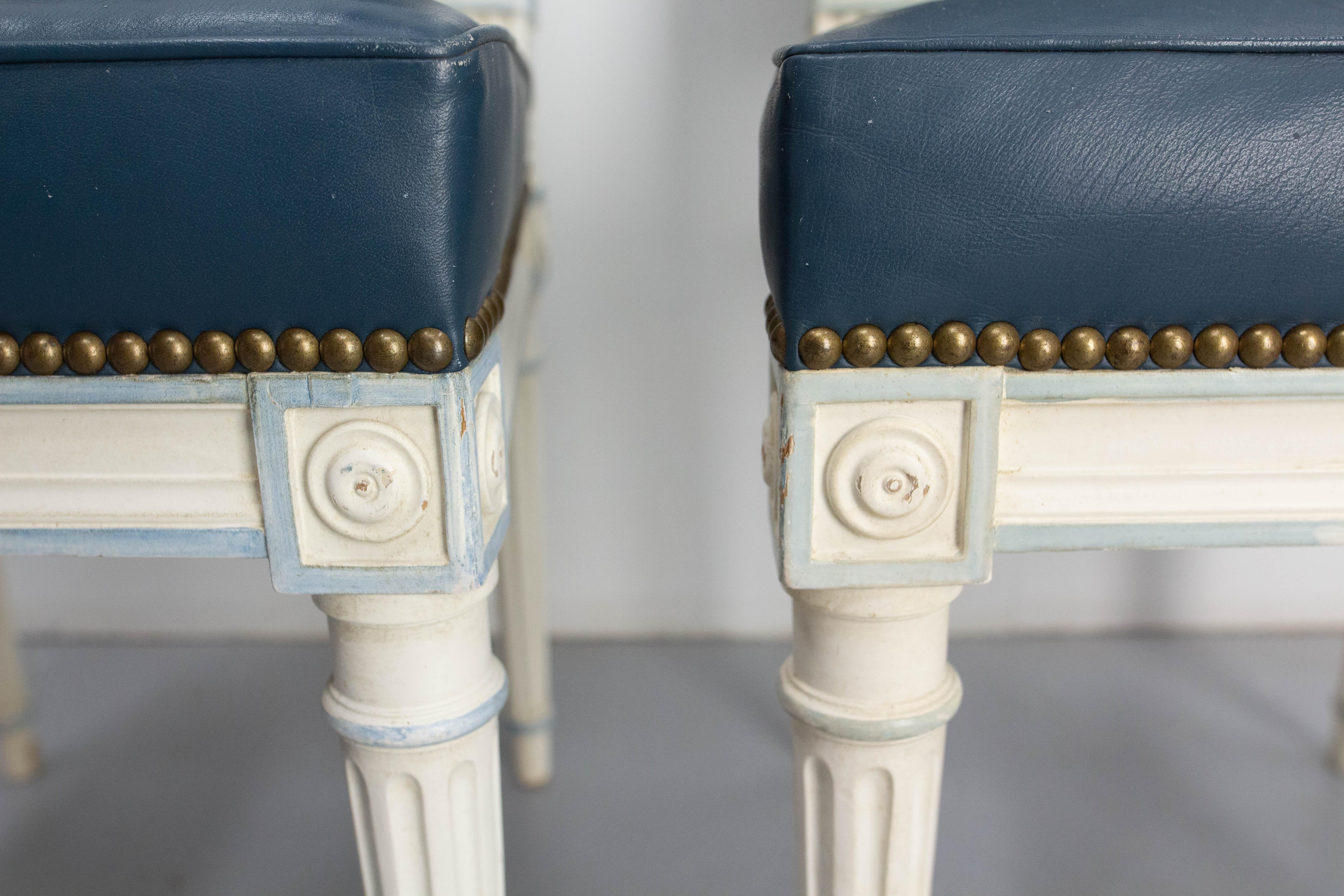 Six Dining Chairs Painted Wood & Blue Skai Louis XVI Style, Midcentury French 2