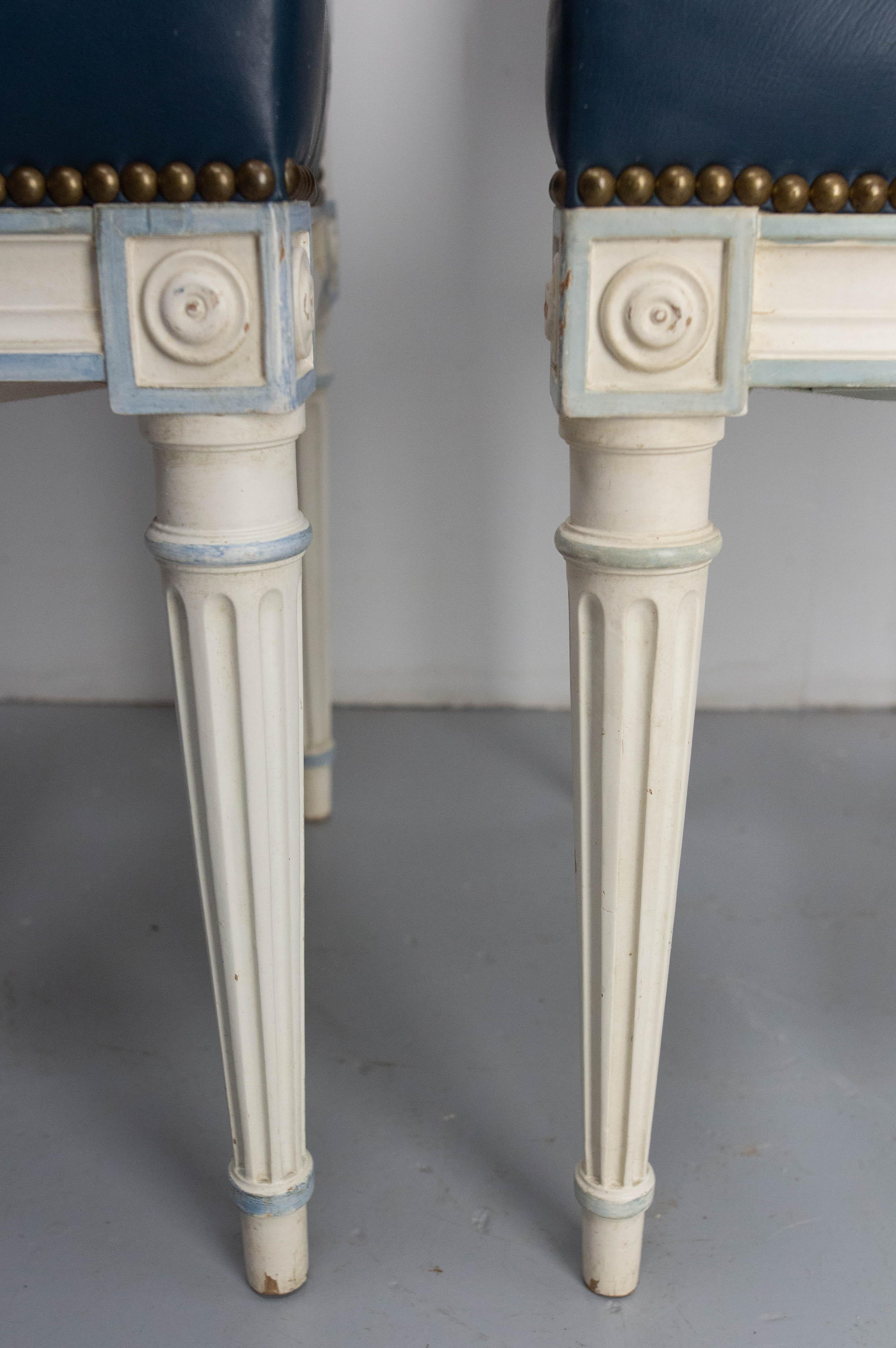 Six Dining Chairs Painted Wood & Blue Skai Louis XVI Style, Midcentury French 3