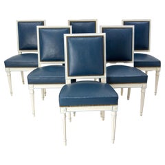 Six Dining Chairs Painted Wood & Blue Skai Louis XVI Style, Midcentury French