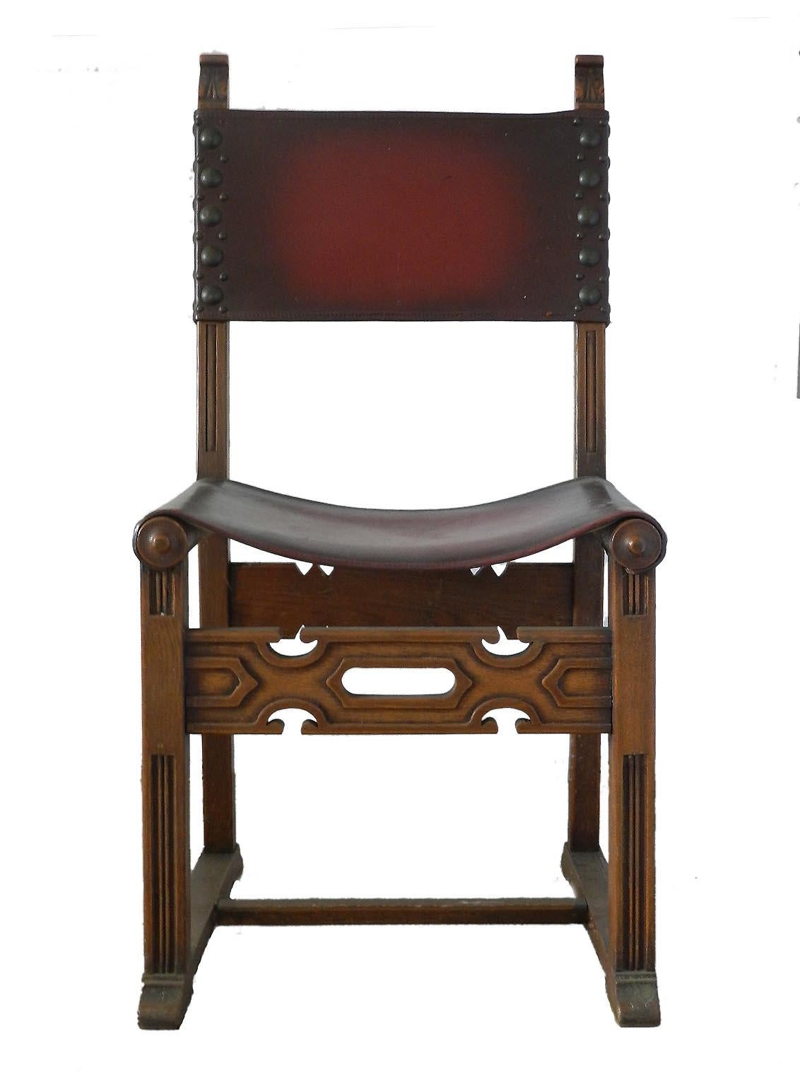 20th Century Six Dining Chairs Spanish circa 1920 Leather Studs Carved Wood