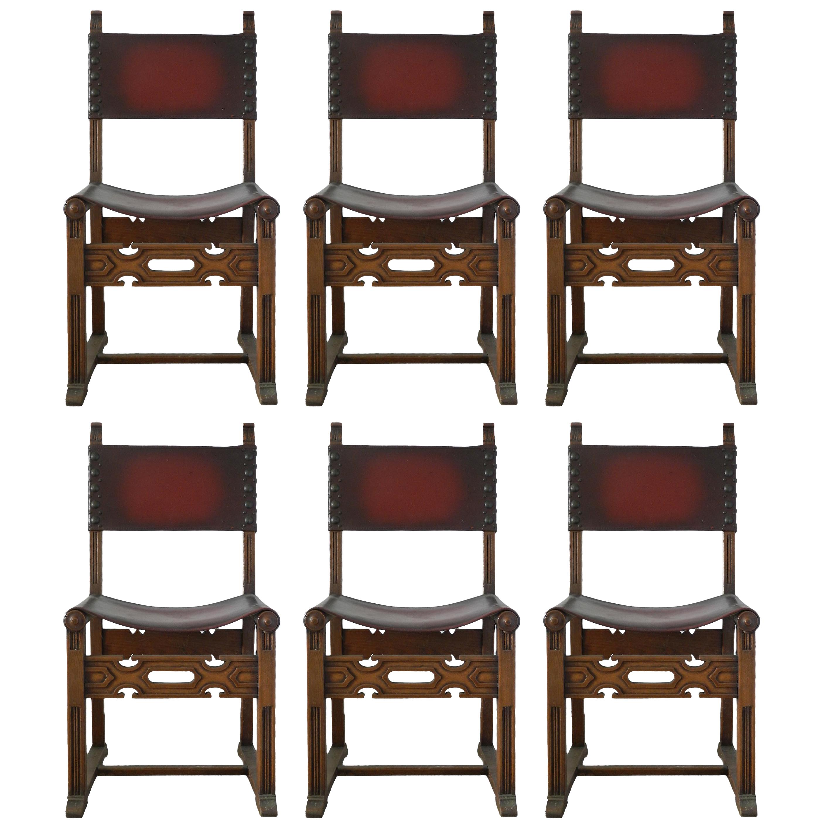Six Dining Chairs Spanish circa 1920 Leather Studs Carved Wood