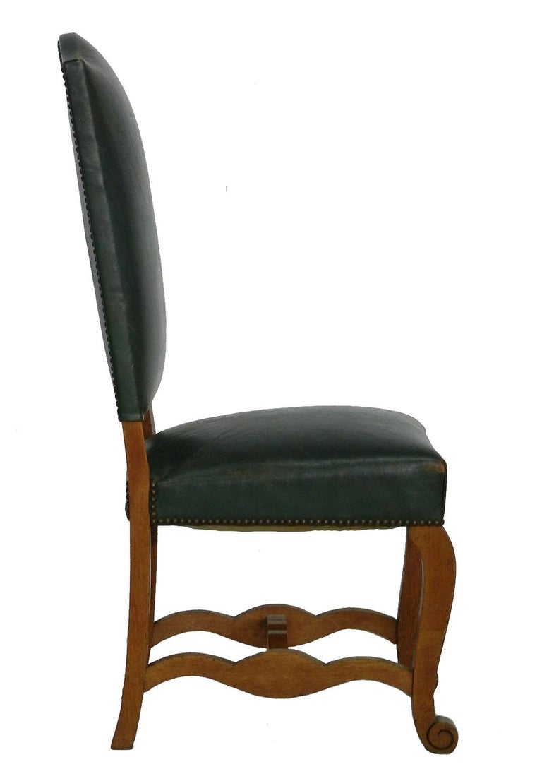 Six Dining Chairs French Spanish Green Leather Upholstered Circa 1920