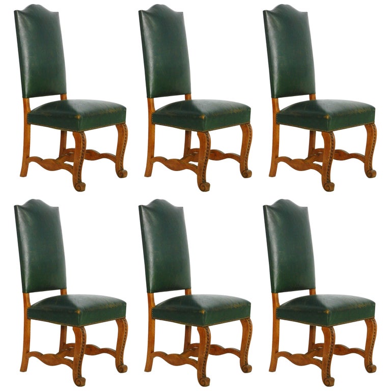 Six Dining Chairs French Spanish Green Leather Upholstered Circa 1920