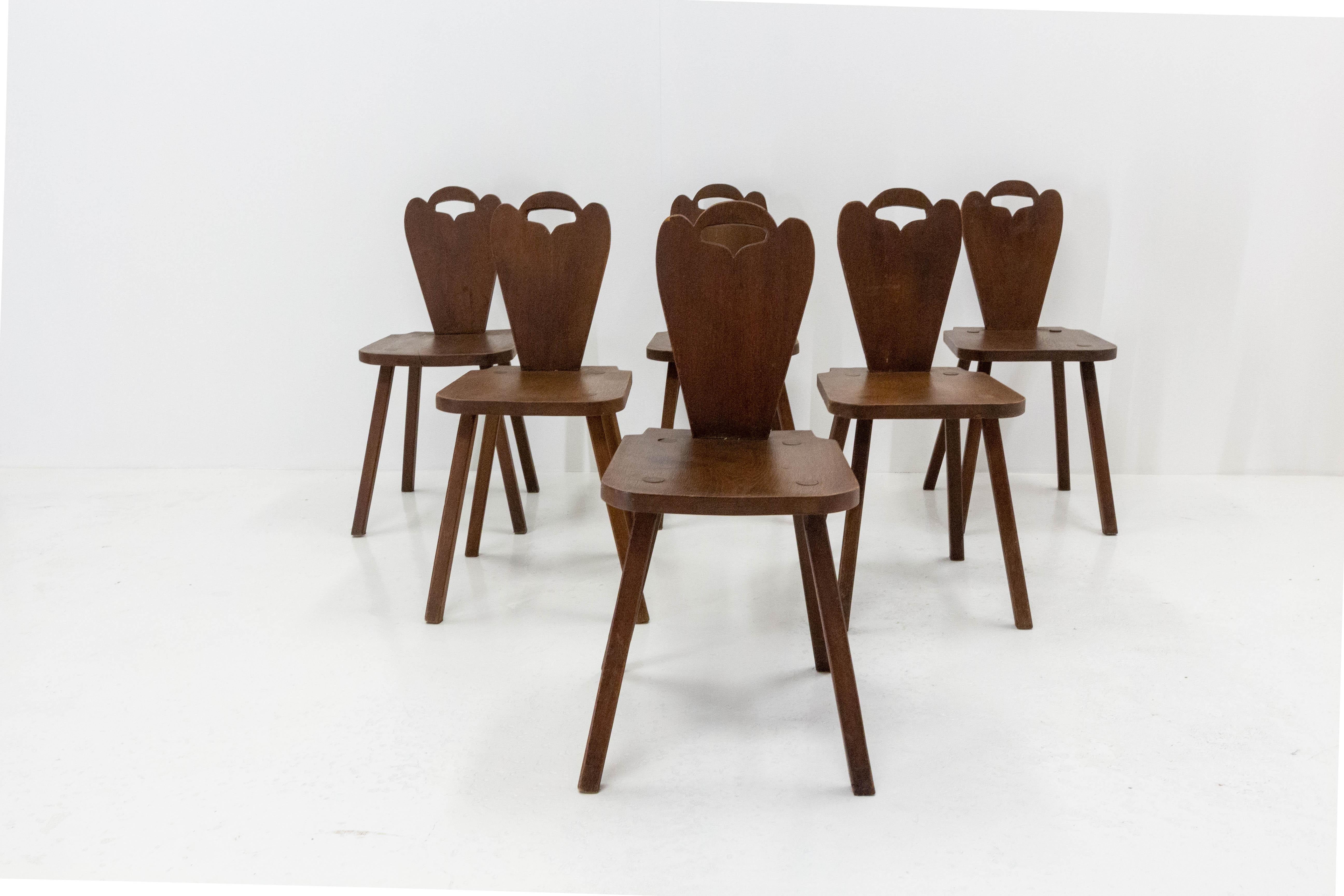 Six dining chairs, Swiss Alp escabelles in the brutalist style
French, midcentury circa 1940/1960
Charactereful
Good condition

shipping:
1 wooden case 120 / 52 / 85 cm 45 kg.
 