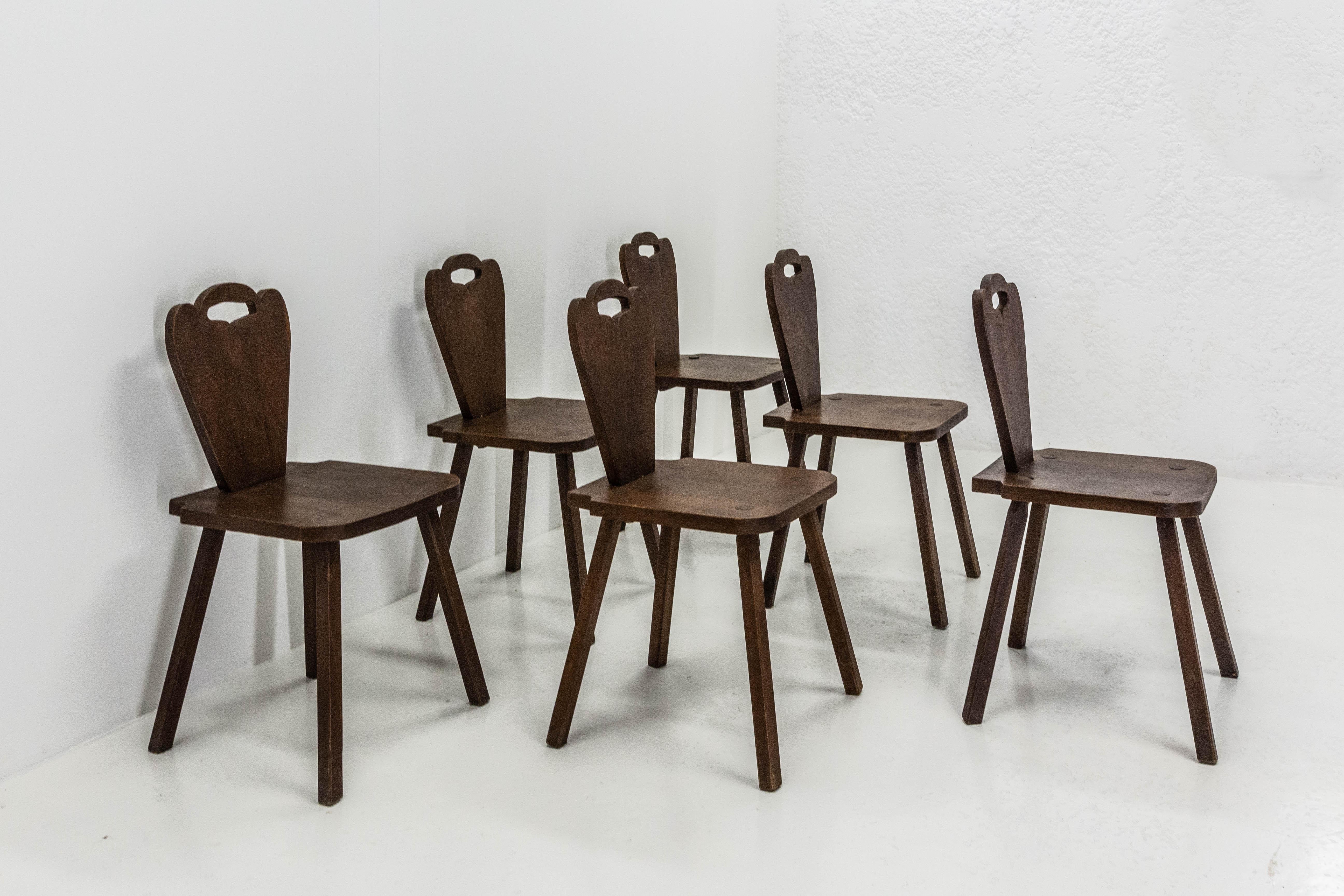 Country Six Dining Chairs Swiss Alp Escabelles Oak Brutalist Style, French 1950