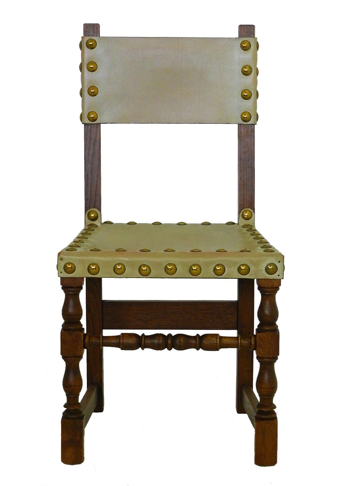 Colonial Revival Six Dining Chairs Vintage 20th Century Spanish Leather Brass Studs Oak