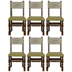 Six Dining Chairs Vintage 20th Century Spanish Leather Brass Studs Oak
